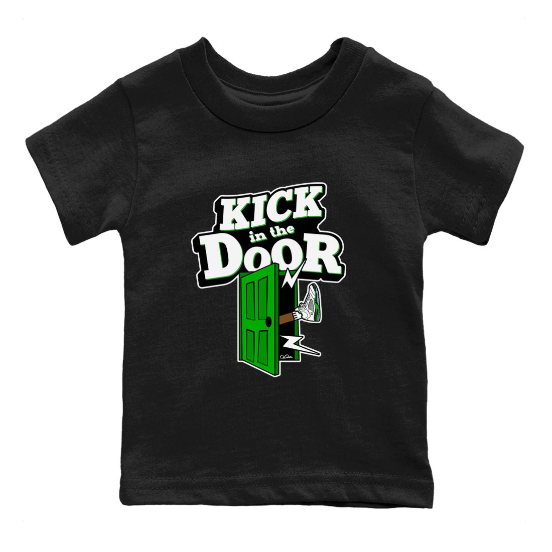 5s Lucky Green shirt to match jordans Kick In The Door sneaker tees Air Jordan 5 Lucky Green SNRT Sneaker Release Tees Baby Toddler Black 2 T-Shirt