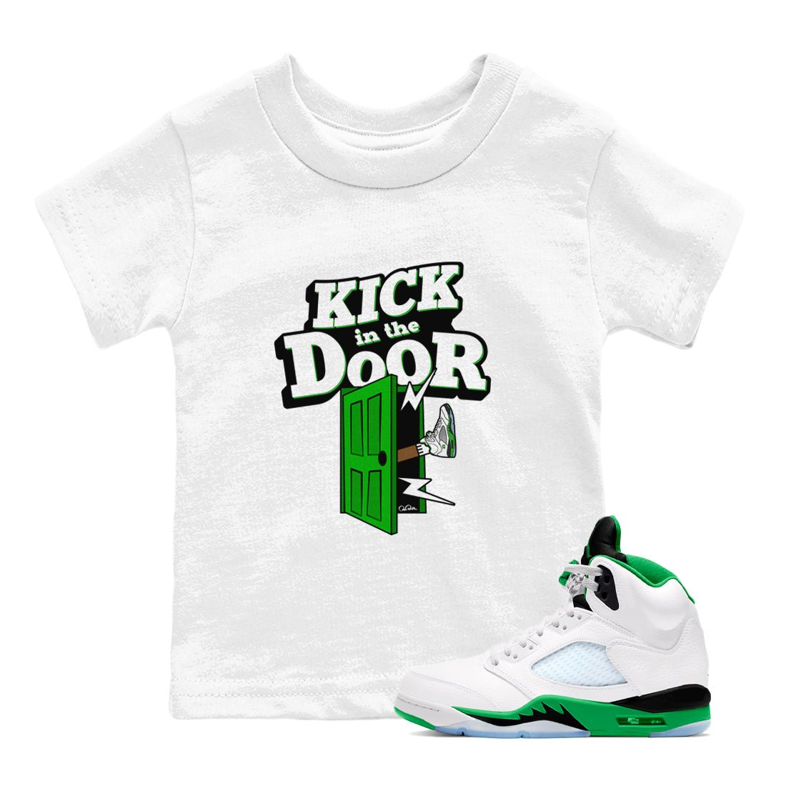 5s Lucky Green shirt to match jordans Kick In The Door sneaker tees Air Jordan 5 Lucky Green SNRT Sneaker Release Tees Baby Toddler White 1 T-Shirt