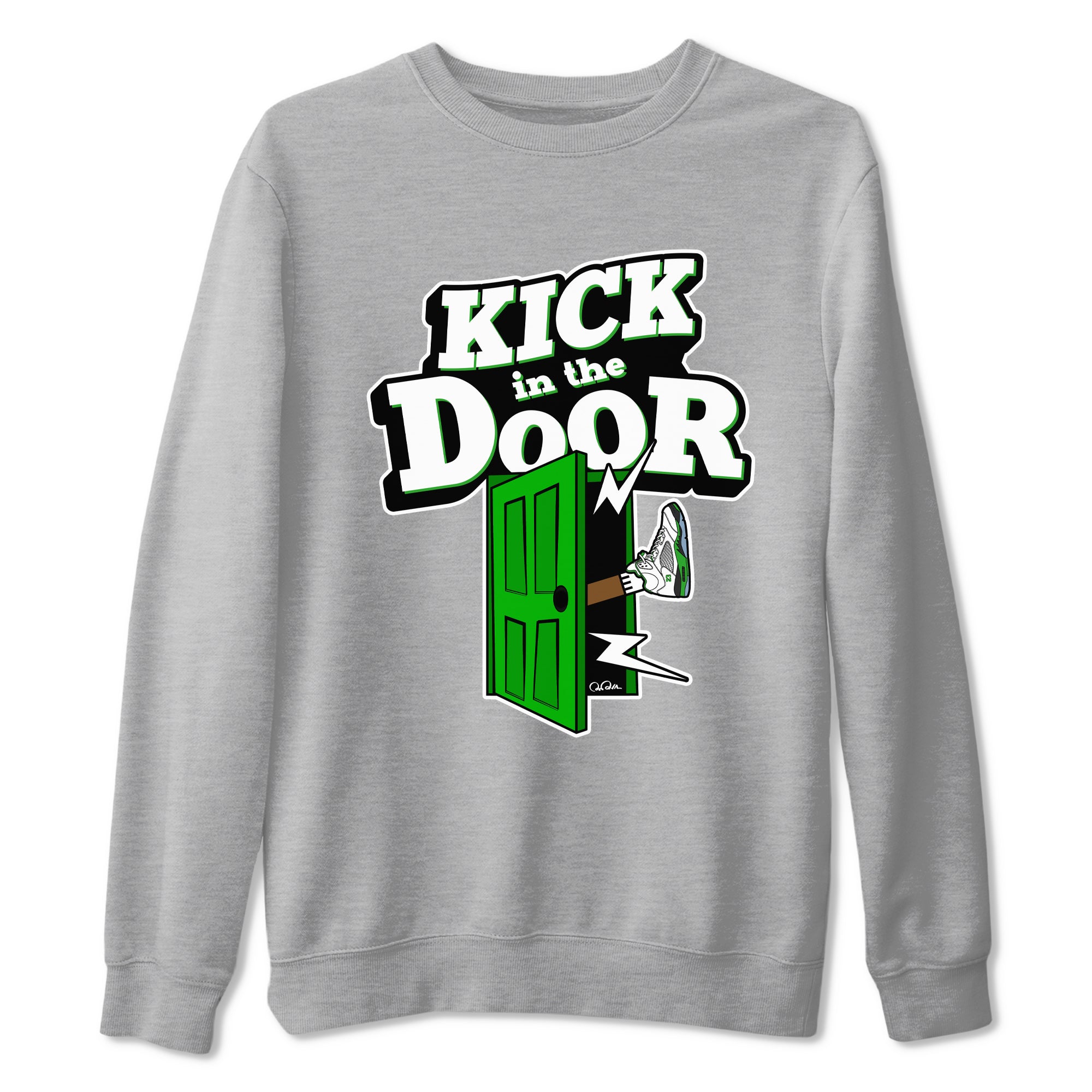 5s Lucky Green shirt to match jordans Kick In The Door sneaker tees Air Jordan 5 Lucky Green SNRT Sneaker Release Tees Unisex Heather Grey 2 T-Shirt