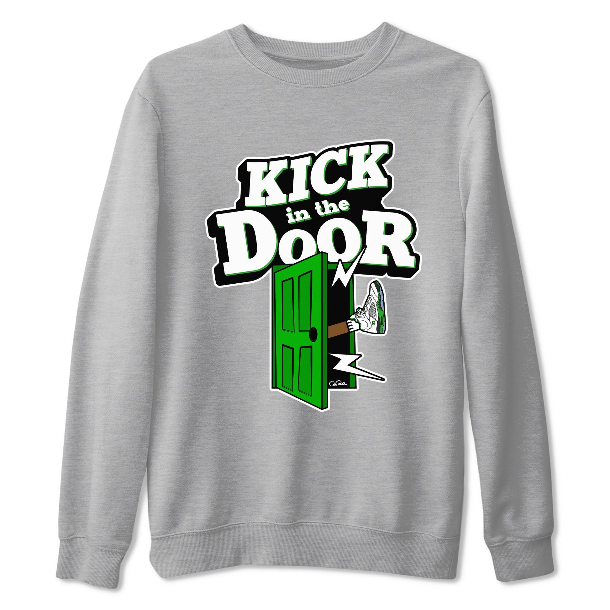 5s Lucky Green shirt to match jordans Kick In The Door sneaker tees Air Jordan 5 Lucky Green SNRT Sneaker Release Tees Unisex Heather Grey 2 T-Shirt