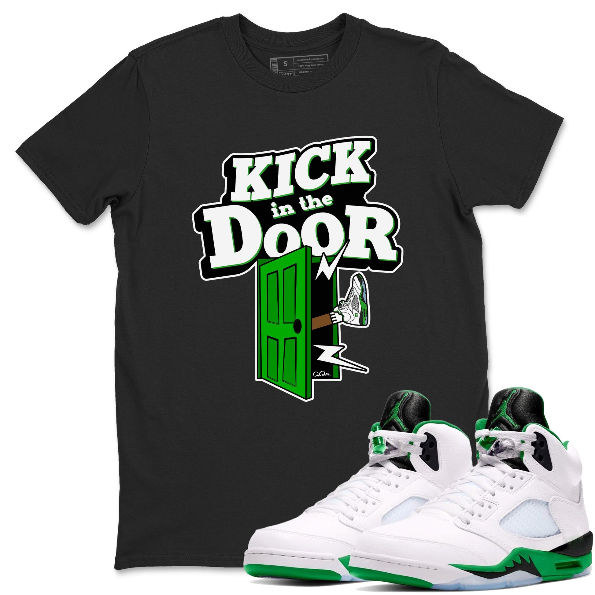 5s Lucky Green shirt to match jordans Kick In The Door sneaker tees Air Jordan 5 Lucky Green SNRT Sneaker Release Tees Unisex Black 1 T-Shirt