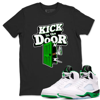 5s Lucky Green shirt to match jordans Kick In The Door sneaker tees Air Jordan 5 Lucky Green SNRT Sneaker Release Tees Unisex Black 1 T-Shirt