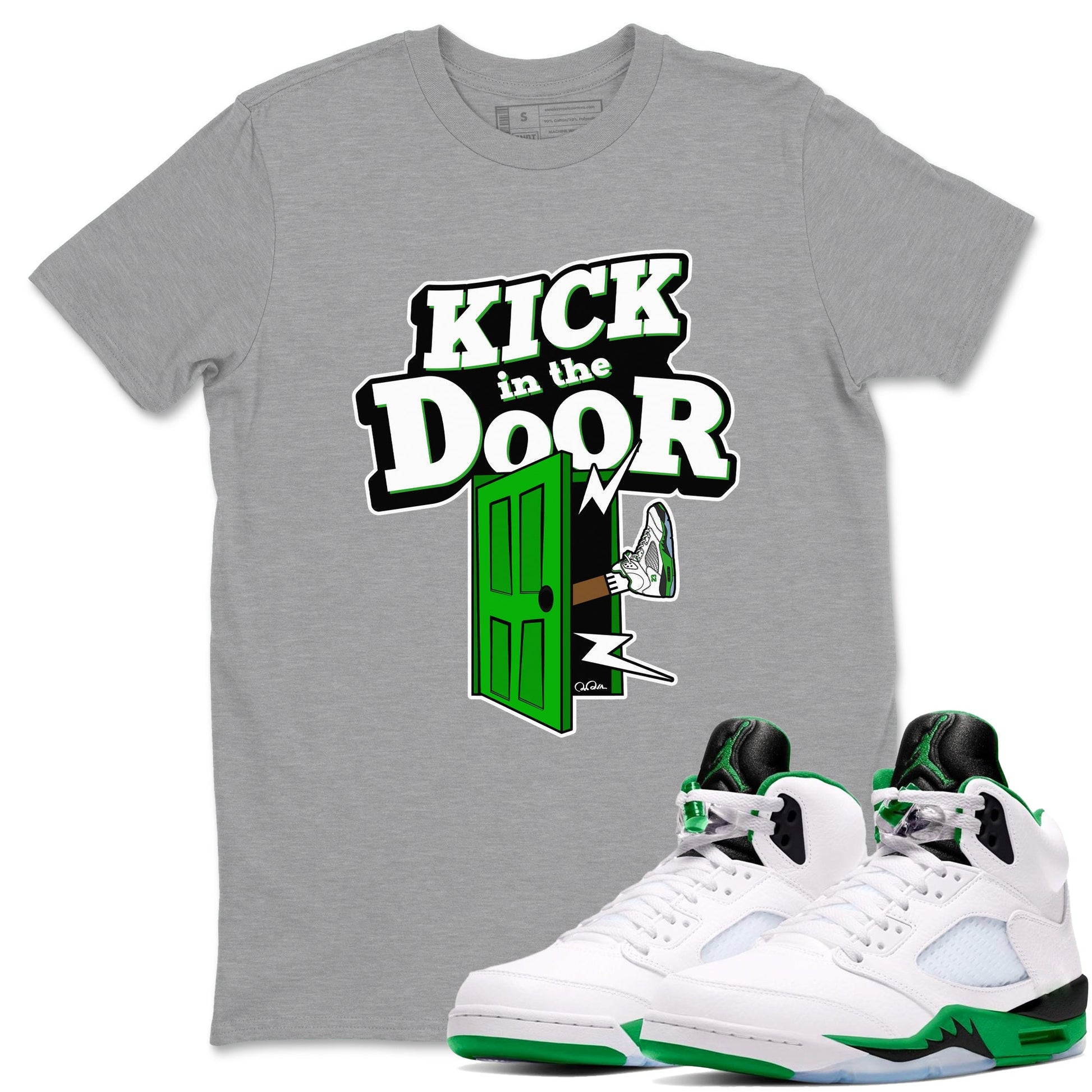 5s Lucky Green shirt to match jordans Kick In The Door sneaker tees Air Jordan 5 Lucky Green SNRT Sneaker Release Tees Unisex Heather Grey 1 T-Shirt