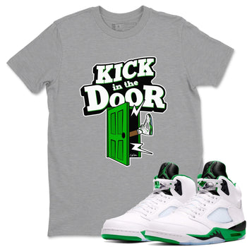 5s Lucky Green shirt to match jordans Kick In The Door sneaker tees Air Jordan 5 Lucky Green SNRT Sneaker Release Tees Unisex Heather Grey 1 T-Shirt