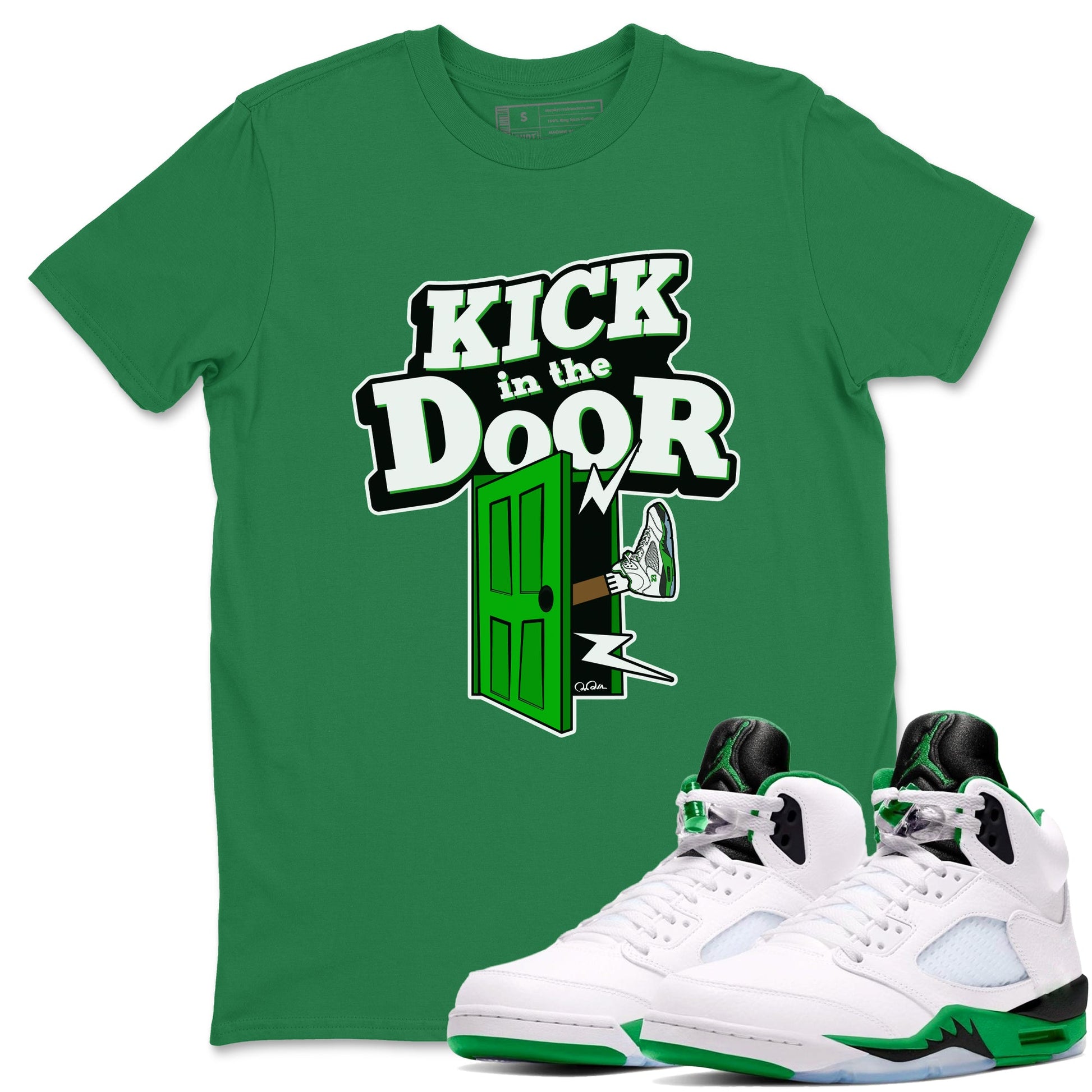 5s Lucky Green shirt to match jordans Kick In The Door sneaker tees Air Jordan 5 Lucky Green SNRT Sneaker Release Tees Unisex Kelly Green 1 T-Shirt