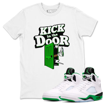 5s Lucky Green shirt to match jordans Kick In The Door sneaker tees Air Jordan 5 Lucky Green SNRT Sneaker Release Tees Unisex White 1 T-Shirt