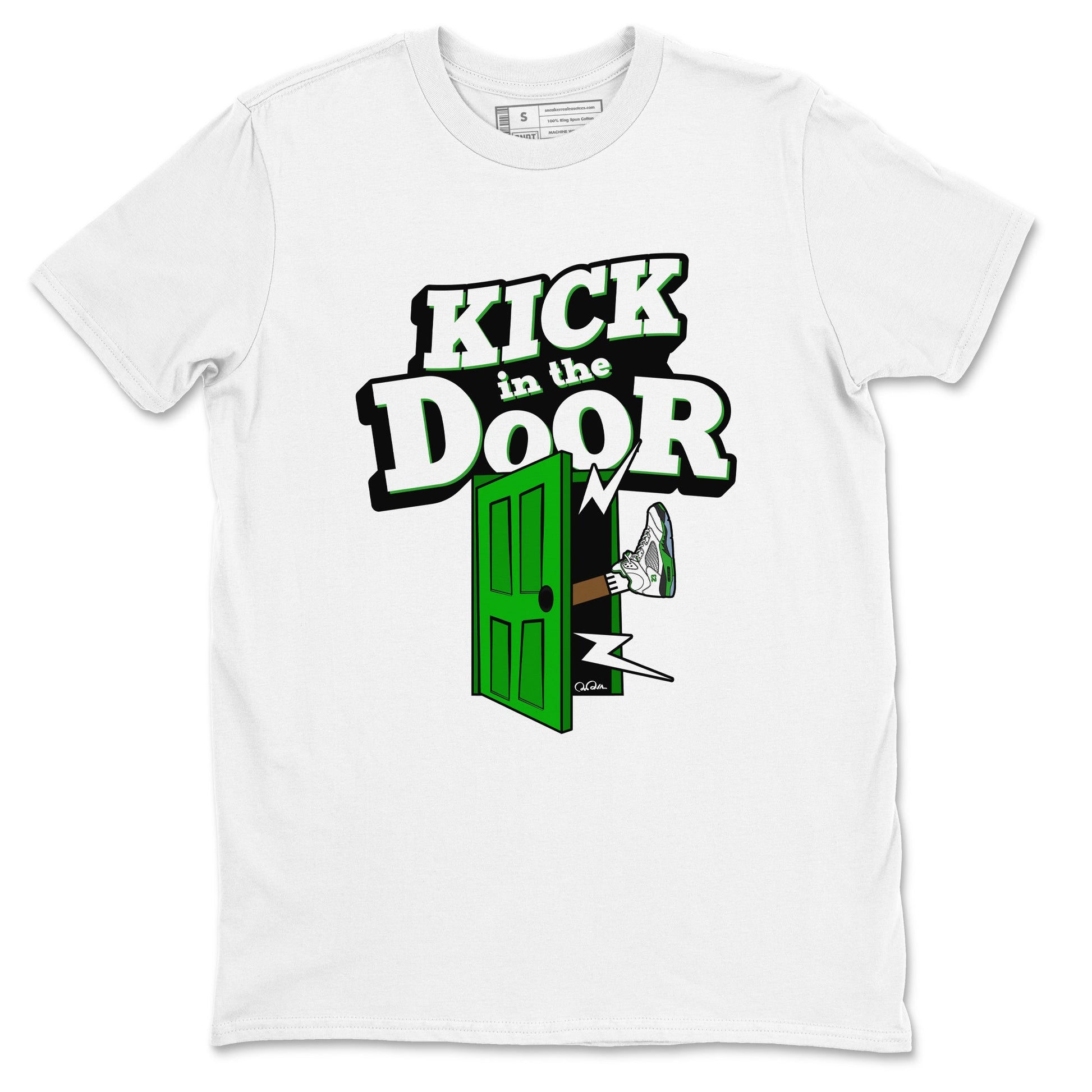 5s Lucky Green shirt to match jordans Kick In The Door sneaker tees Air Jordan 5 Lucky Green SNRT Sneaker Release Tees Unisex White 2 T-Shirt