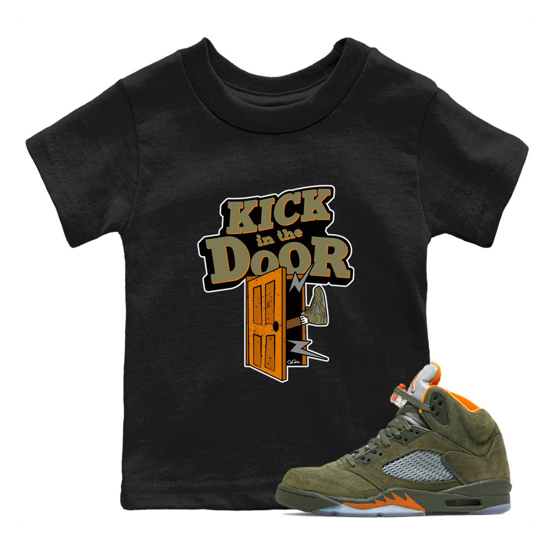 5s Olive shirt to match jordans Kick In The Door sneaker tees Air Jordan 5 Olive SNRT sneaker release tees baby toddler Black 1 cotton Shirt