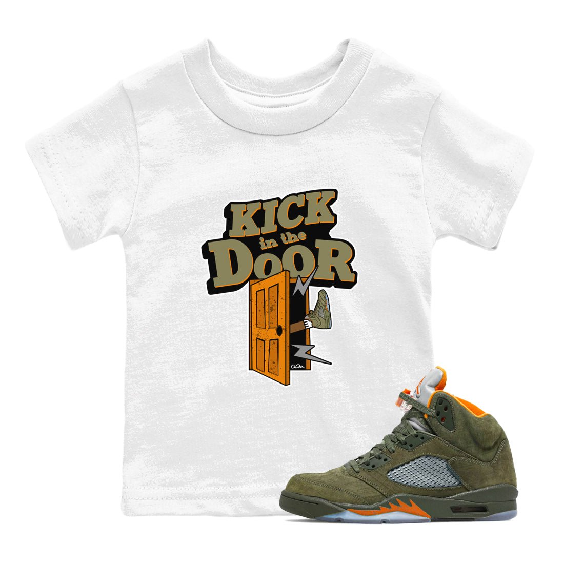 5s Olive shirt to match jordans Kick In The Door sneaker tees Air Jordan 5 Olive SNRT sneaker release tees baby toddler White 1 cotton Shirt