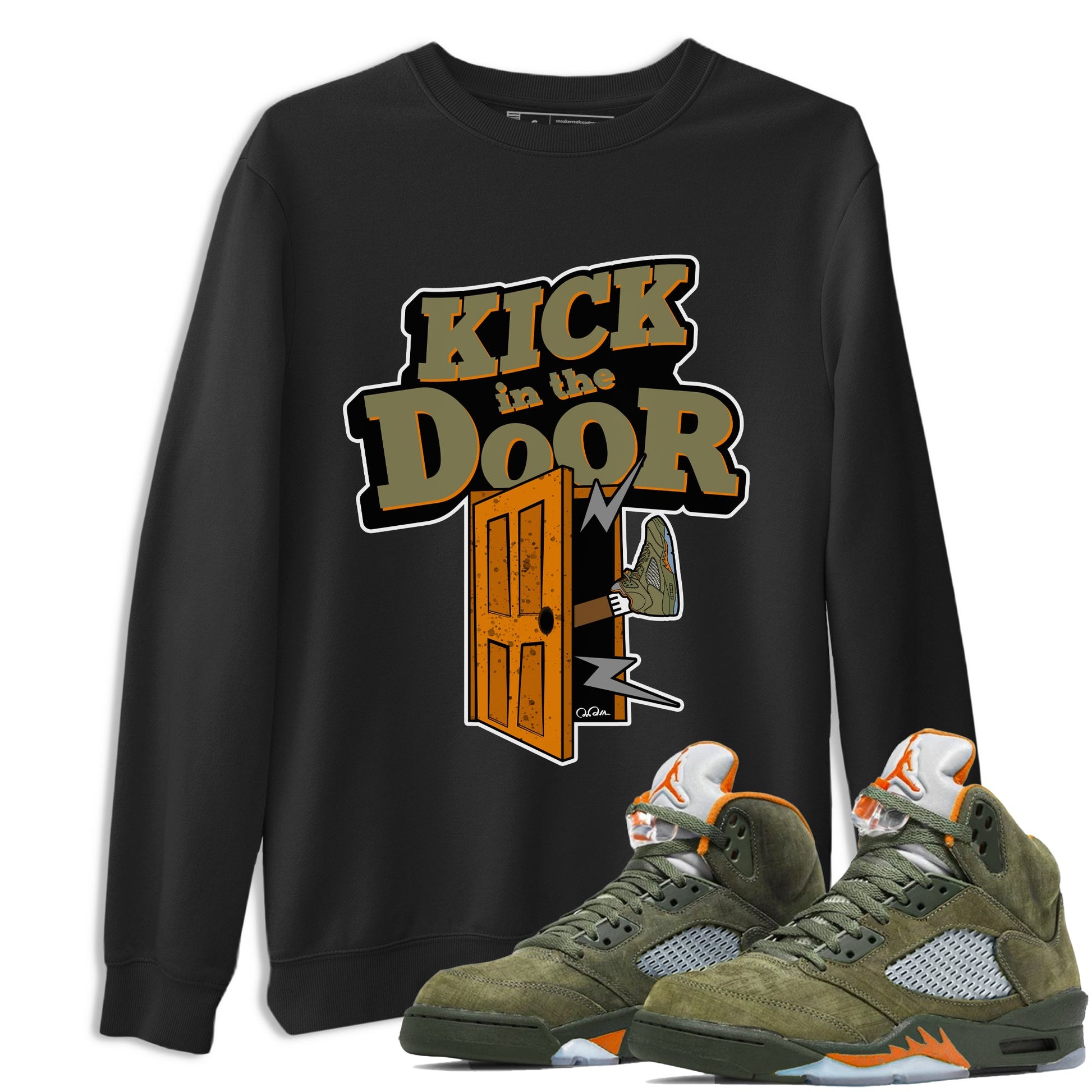 5s Olive shirt to match jordans Kick In The Door sneaker tees Air Jordan 5 Olive SNRT Sneaker Release Tees unisex cotton Black 1 crew neck shirt