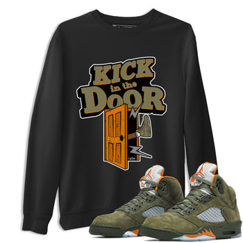 5s Olive shirt to match jordans Kick In The Door sneaker tees Air Jordan 5 Olive SNRT Sneaker Release Tees unisex cotton Black 1 crew neck shirt