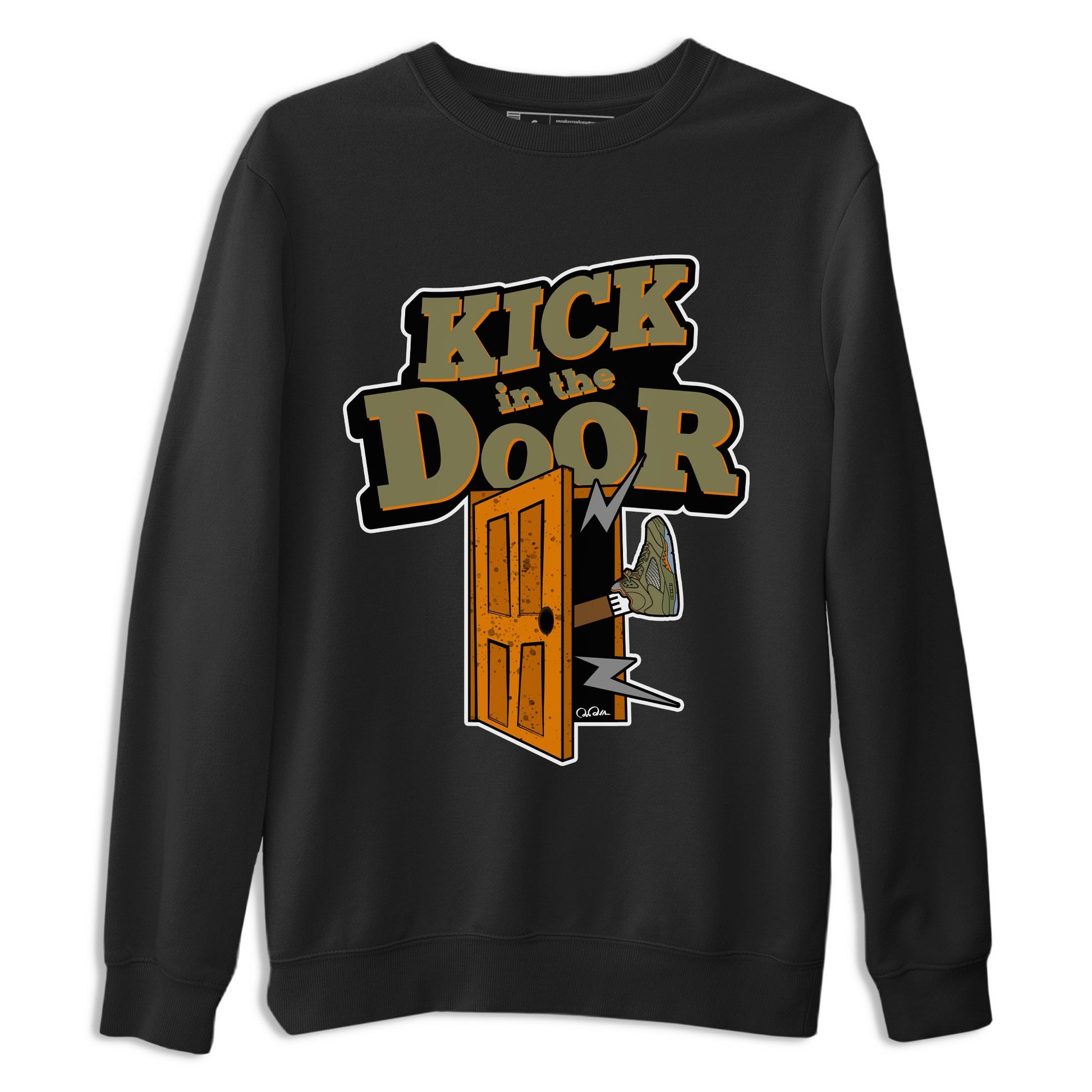 5s Olive shirt to match jordans Kick In The Door sneaker tees Air Jordan 5 Olive SNRT Sneaker Release Tees unisex cotton Black 2 crew neck shirt