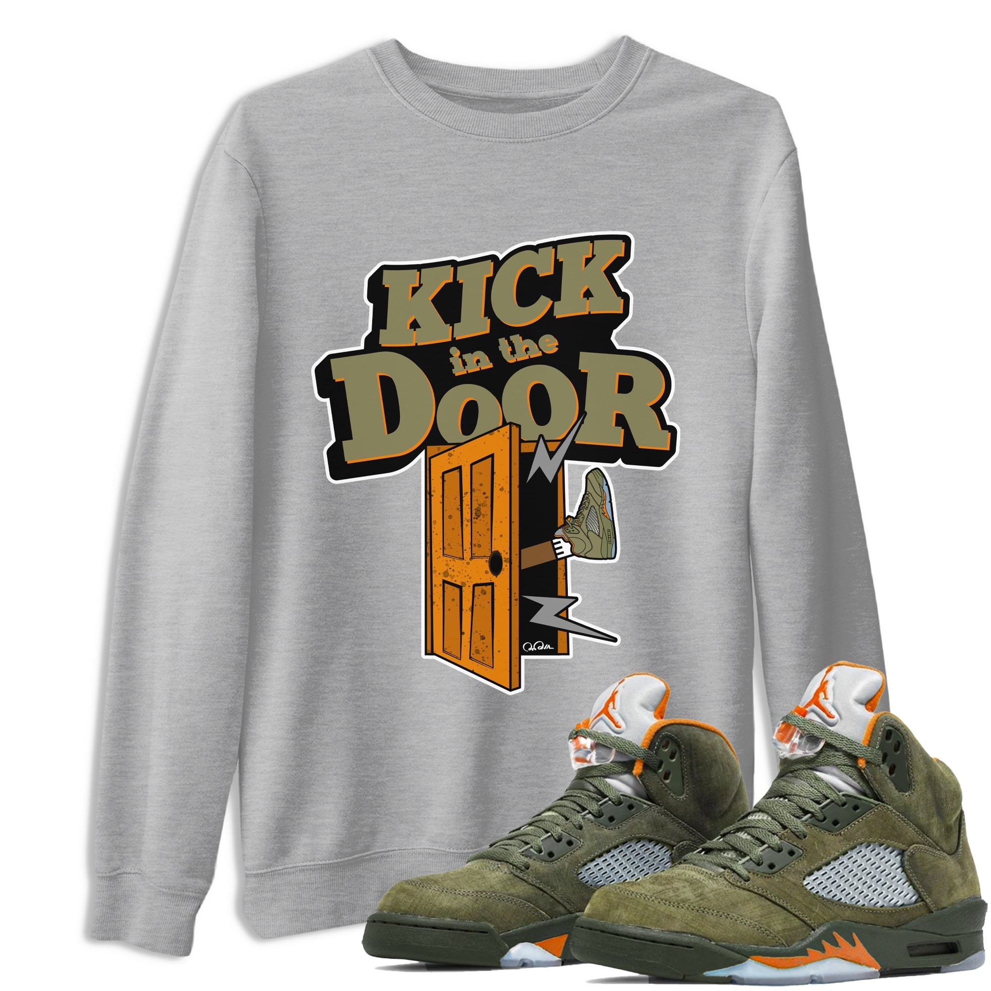 5s Olive shirt to match jordans Kick In The Door sneaker tees Air Jordan 5 Olive SNRT Sneaker Release Tees unisex cotton Heather Grey 1 crew neck shirt