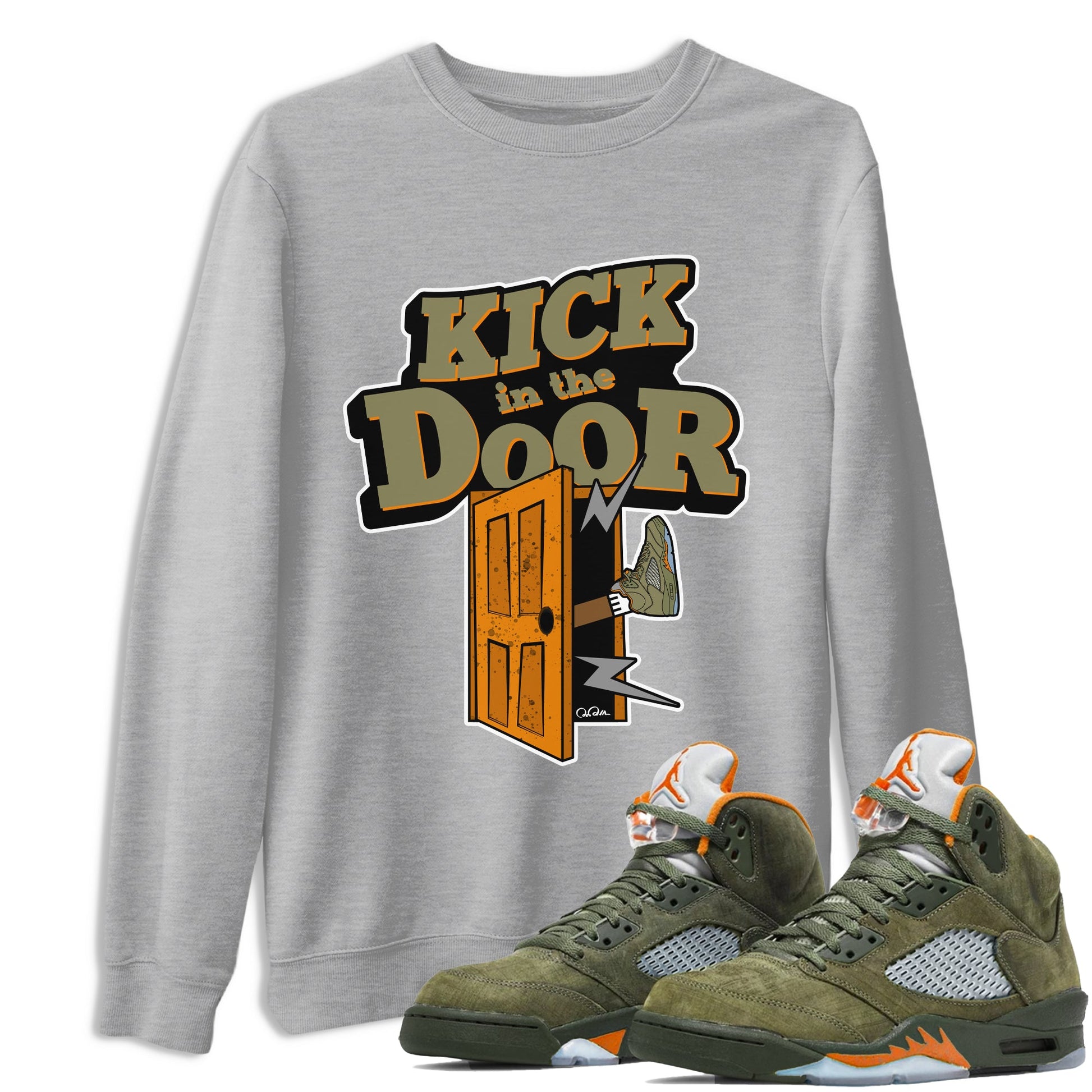 5s Olive shirt to match jordans Kick In The Door sneaker tees Air Jordan 5 Olive SNRT Sneaker Release Tees unisex cotton Heather Grey 1 crew neck shirt
