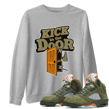 5s Olive shirt to match jordans Kick In The Door sneaker tees Air Jordan 5 Olive SNRT Sneaker Release Tees unisex cotton Heather Grey 1 crew neck shirt