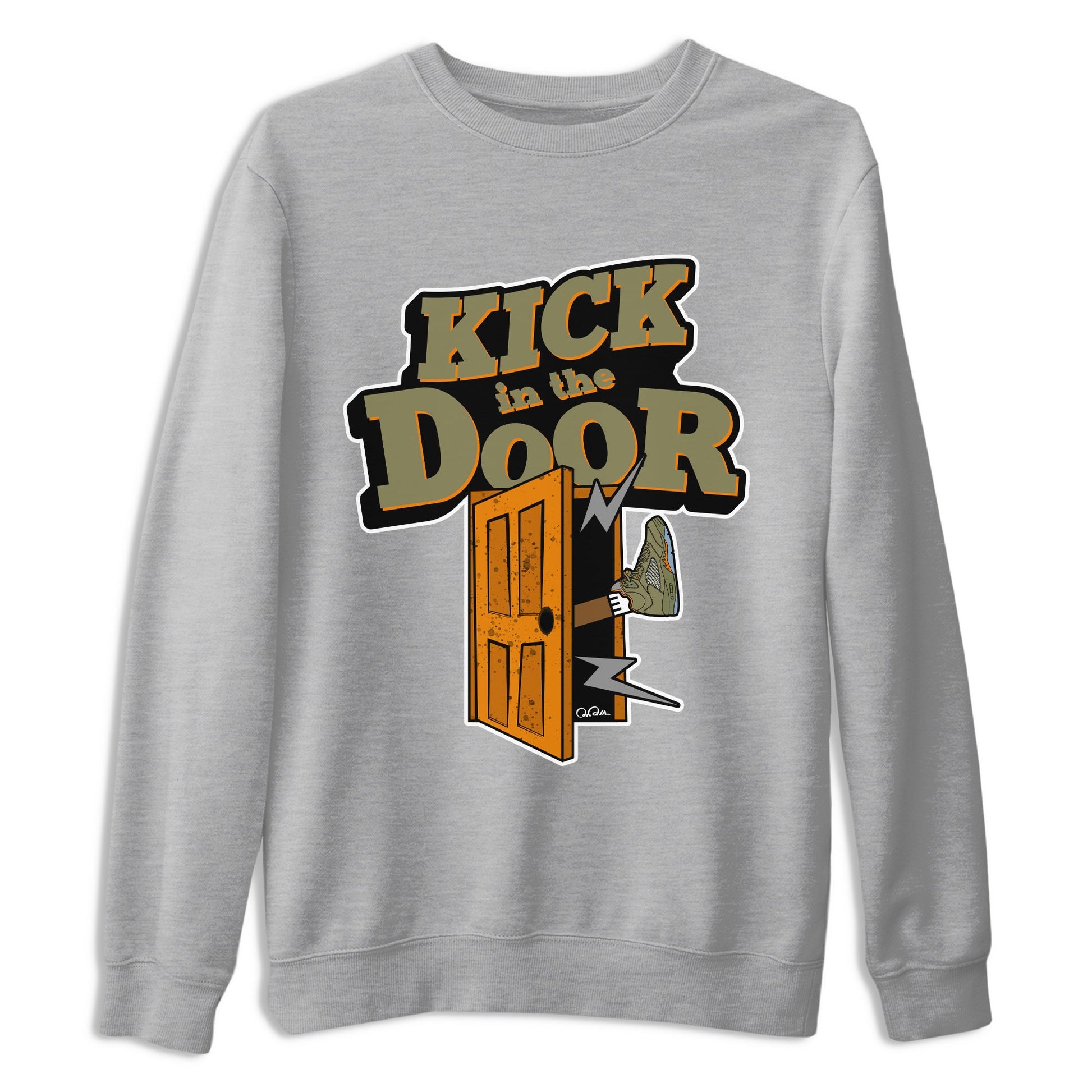 5s Olive shirt to match jordans Kick In The Door sneaker tees Air Jordan 5 Olive SNRT Sneaker Release Tees unisex cotton Heather Grey 2 crew neck shirt