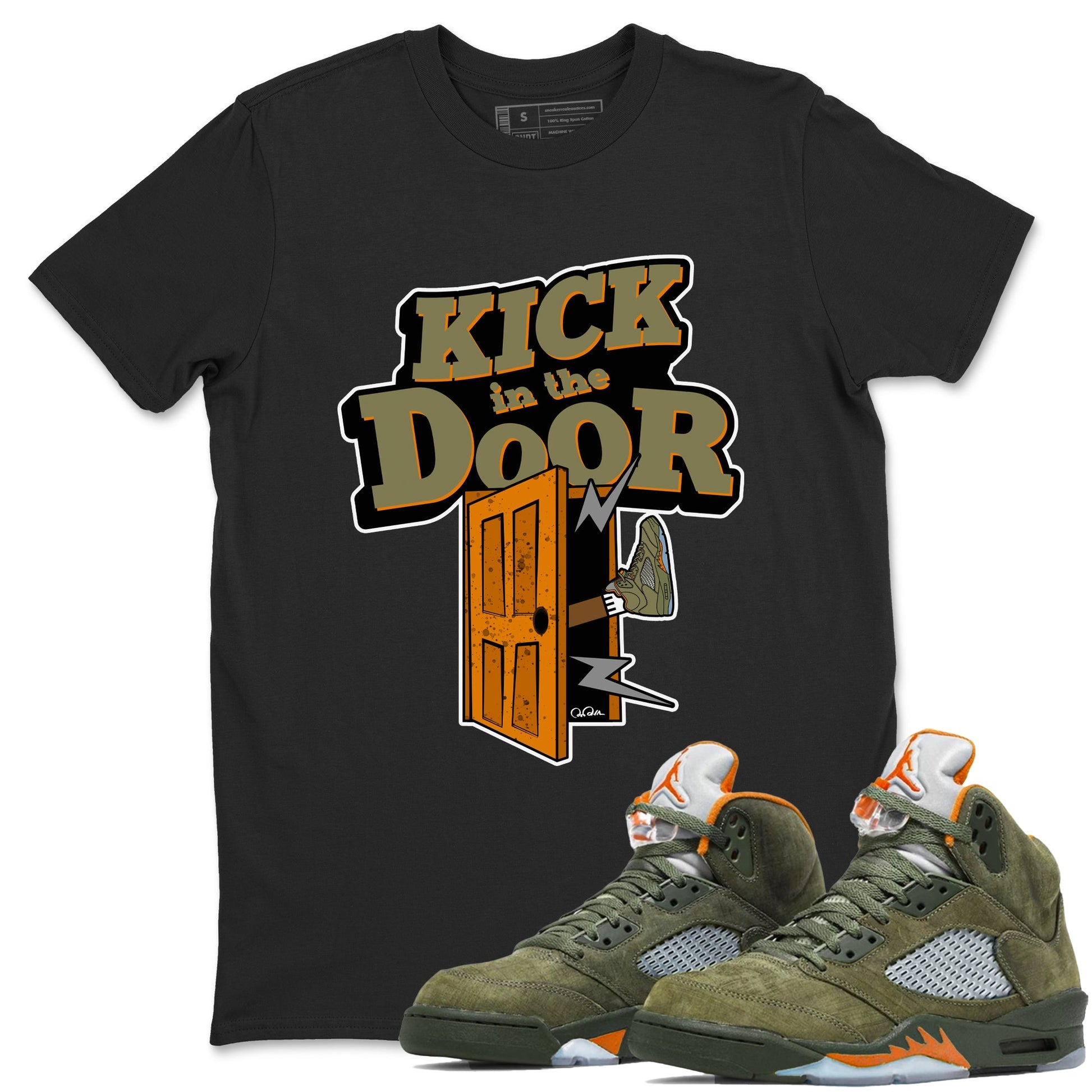 5s Olive shirt to match jordans Kick In The Door sneaker tees Air Jordan 5 Olive SNRT Sneaker Release Tees unisex cotton Black 1 crew neck shirt