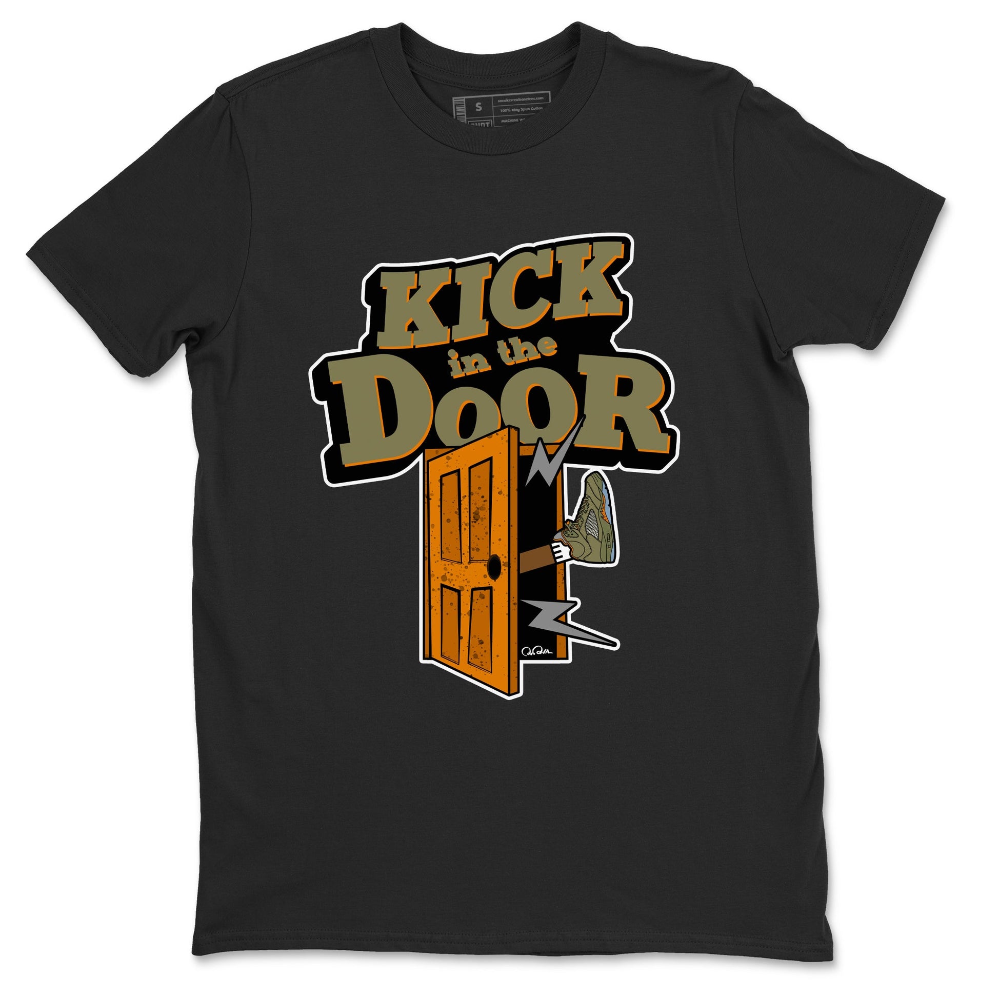 5s Olive shirt to match jordans Kick In The Door sneaker tees Air Jordan 5 Olive SNRT Sneaker Release Tees unisex cotton Black 2 crew neck shirt