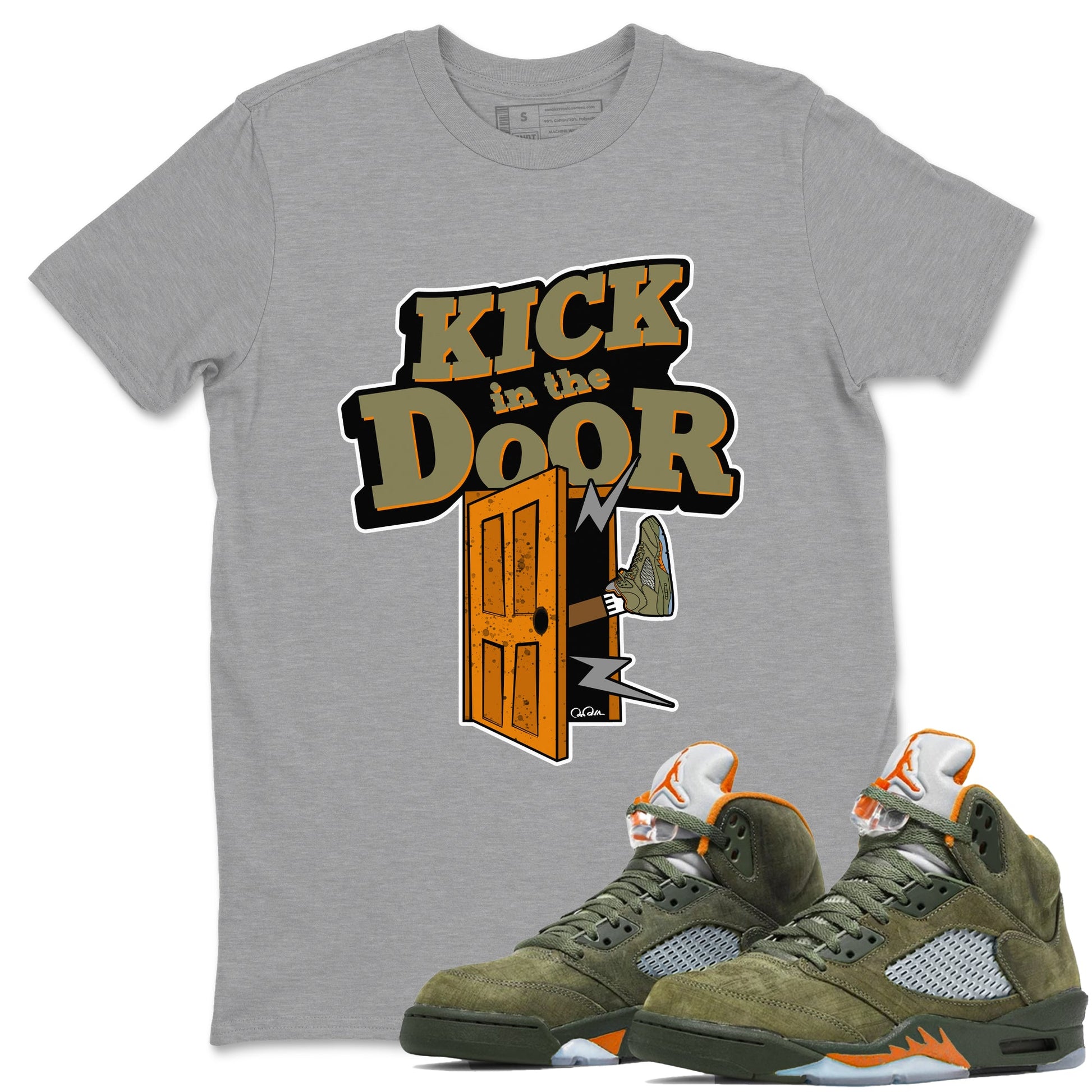 5s Olive shirt to match jordans Kick In The Door sneaker tees Air Jordan 5 Olive SNRT Sneaker Release Tees unisex cotton Heather Grey 1 crew neck shirt
