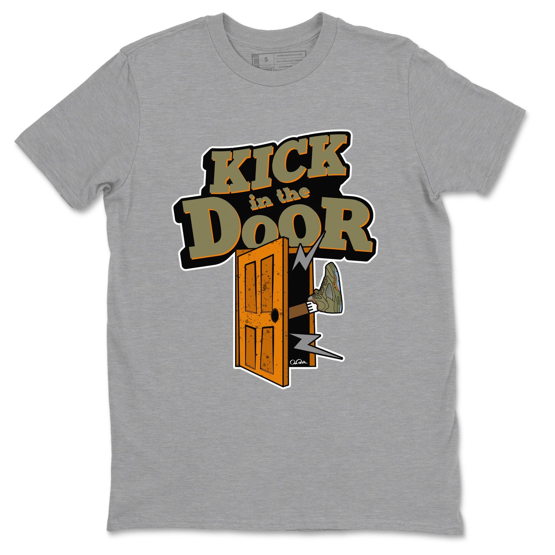 5s Olive shirt to match jordans Kick In The Door sneaker tees Air Jordan 5 Olive SNRT Sneaker Release Tees unisex cotton Heather Grey 2 crew neck shirt
