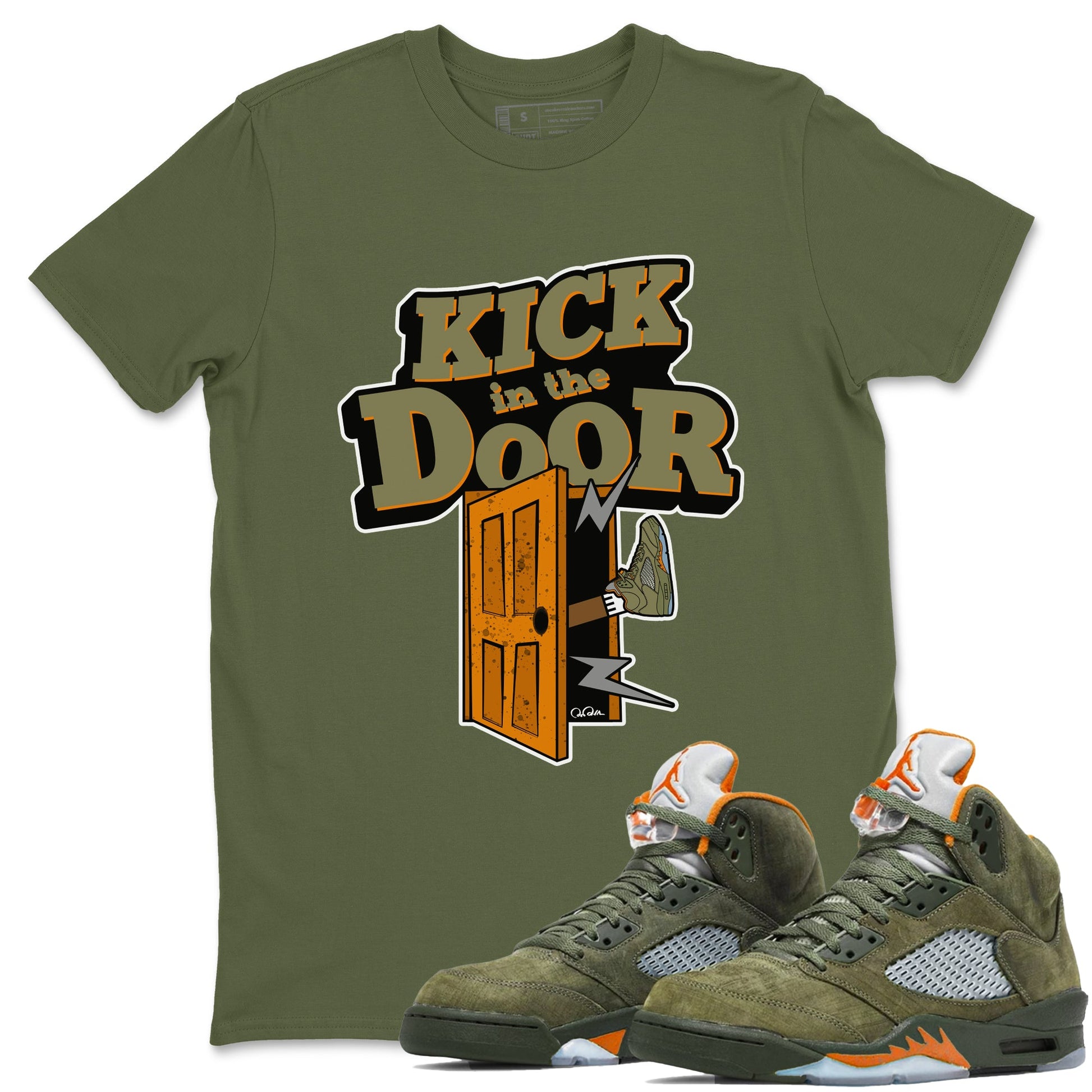 5s Olive shirt to match jordans Kick In The Door sneaker tees Air Jordan 5 Olive SNRT Sneaker Release Tees unisex cotton Military Green 1 crew neck shirt