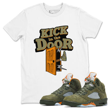 5s Olive shirt to match jordans Kick In The Door sneaker tees Air Jordan 5 Olive SNRT Sneaker Release Tees unisex cotton White 1 crew neck shirt