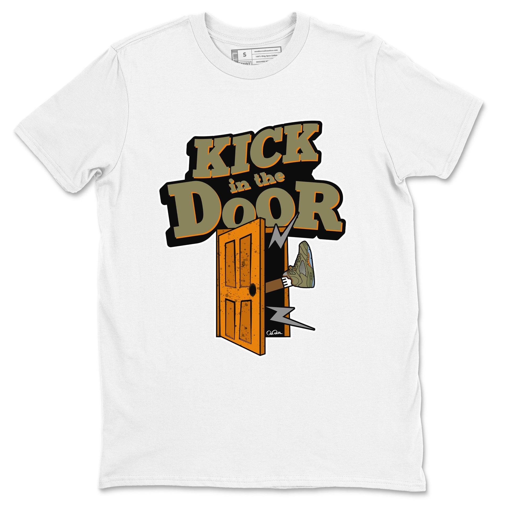 5s Olive shirt to match jordans Kick In The Door sneaker tees Air Jordan 5 Olive SNRT Sneaker Release Tees unisex cotton White 2 crew neck shirt