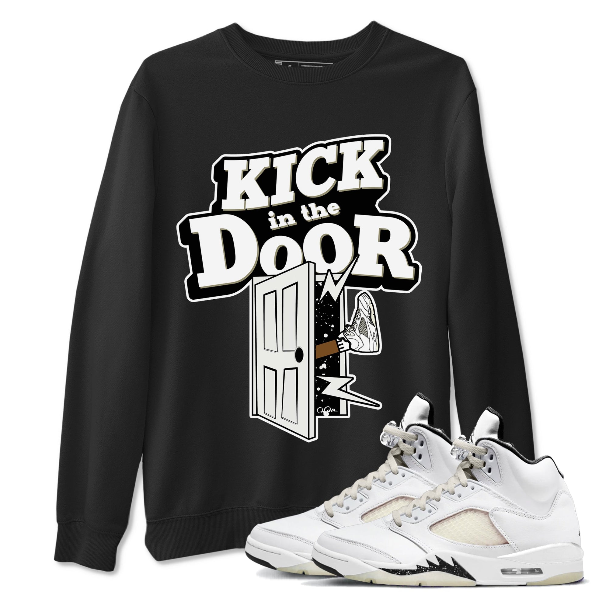 5s Sail shirt to match jordans Kick In The Door sneaker tees Air Jordan 5 Sail SNRT Sneaker Release Tees unisex cotton Black 1 crew neck shirt