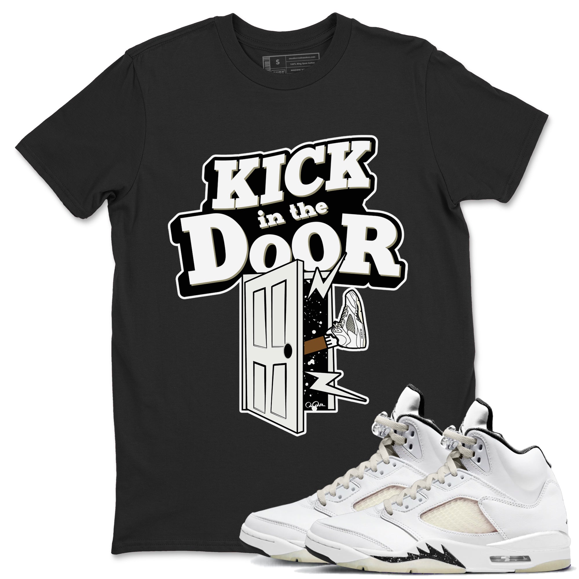 5s Sail shirt to match jordans Kick In The Door sneaker tees Air Jordan 5 Sail SNRT Sneaker Release Tees unisex cotton Black 1 crew neck shirt