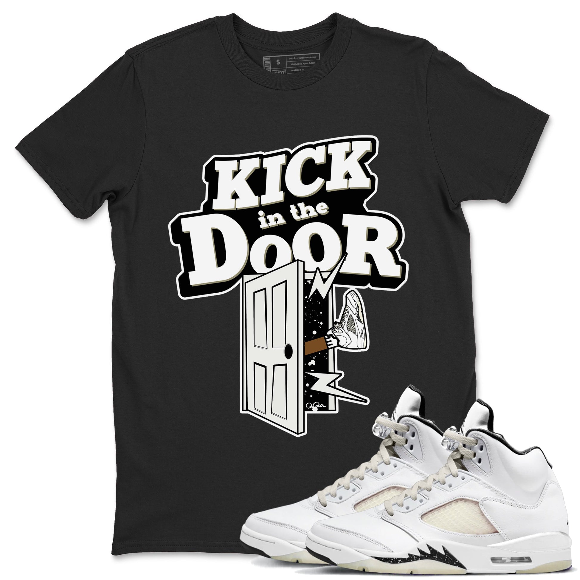 5s Sail shirt to match jordans Kick In The Door sneaker tees Air Jordan 5 Sail SNRT Sneaker Release Tees unisex cotton Black 1 crew neck shirt