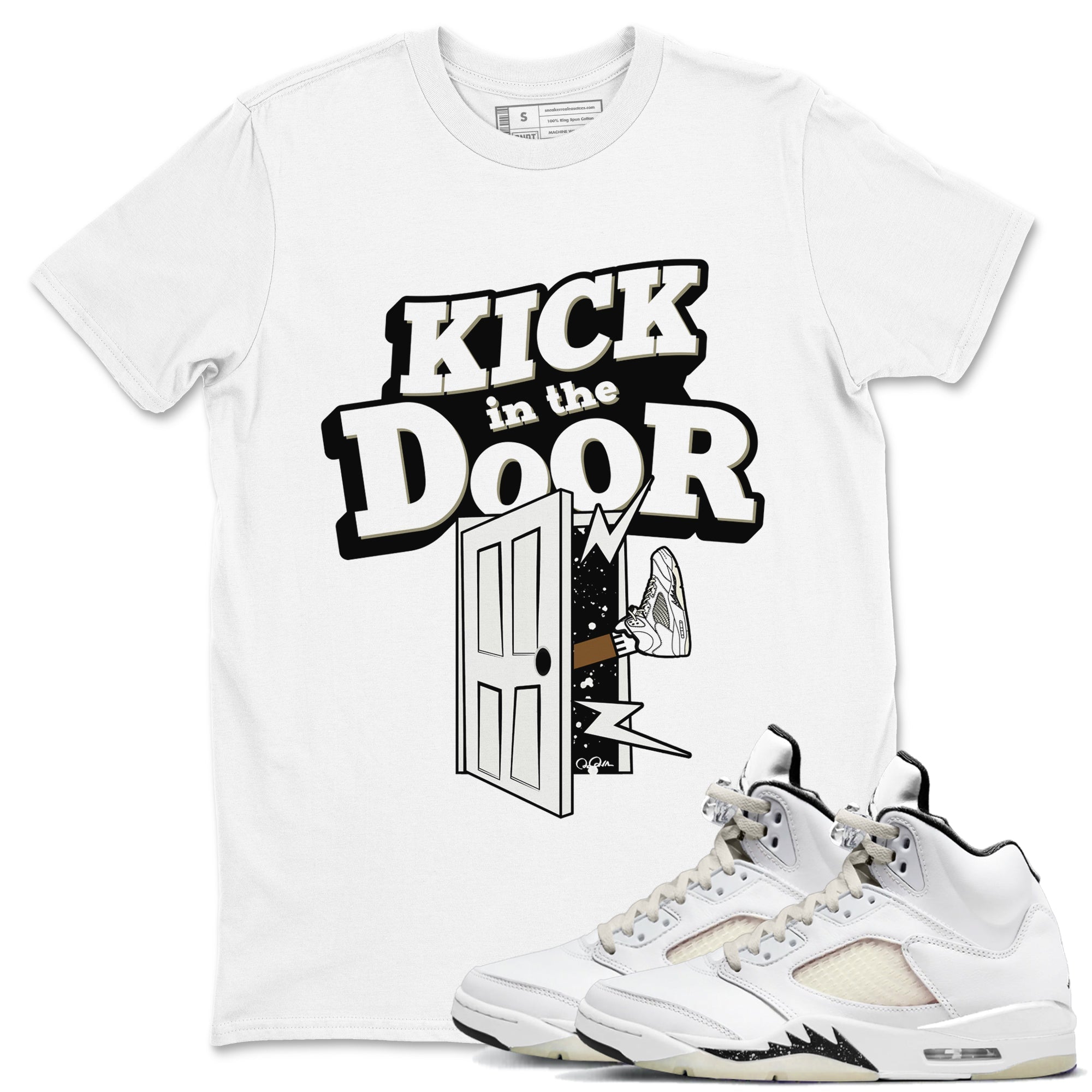 5s Sail shirt to match jordans Kick In The Door sneaker tees Air Jordan 5 Sail SNRT Sneaker Release Tees unisex cotton White 1 crew neck shirt