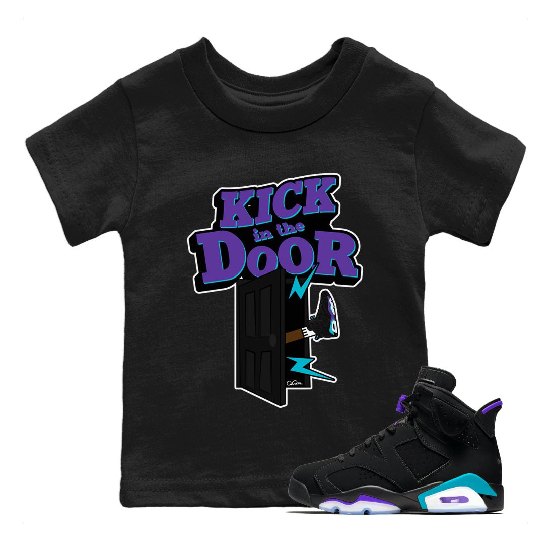 Air Jordan 6 Aqua Sneaker Match Tees Kick In The Door Sneaker Tees AJ6 Aqua Sneaker Release Tees Kids Shirts Black 1
