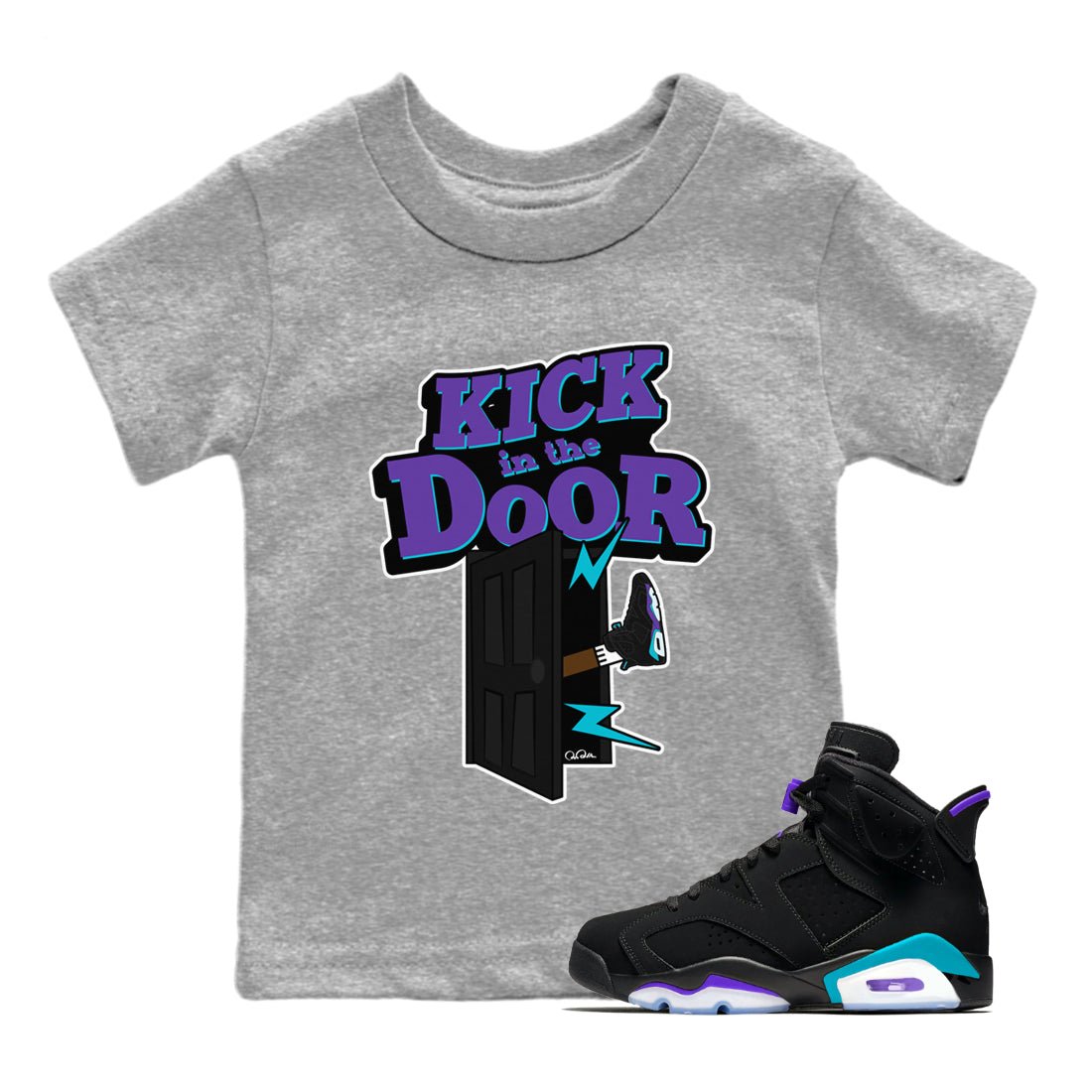 Air Jordan 6 Aqua Sneaker Match Tees Kick In The Door Sneaker Tees AJ6 Aqua Sneaker Release Tees Kids Shirts Heather Grey 1