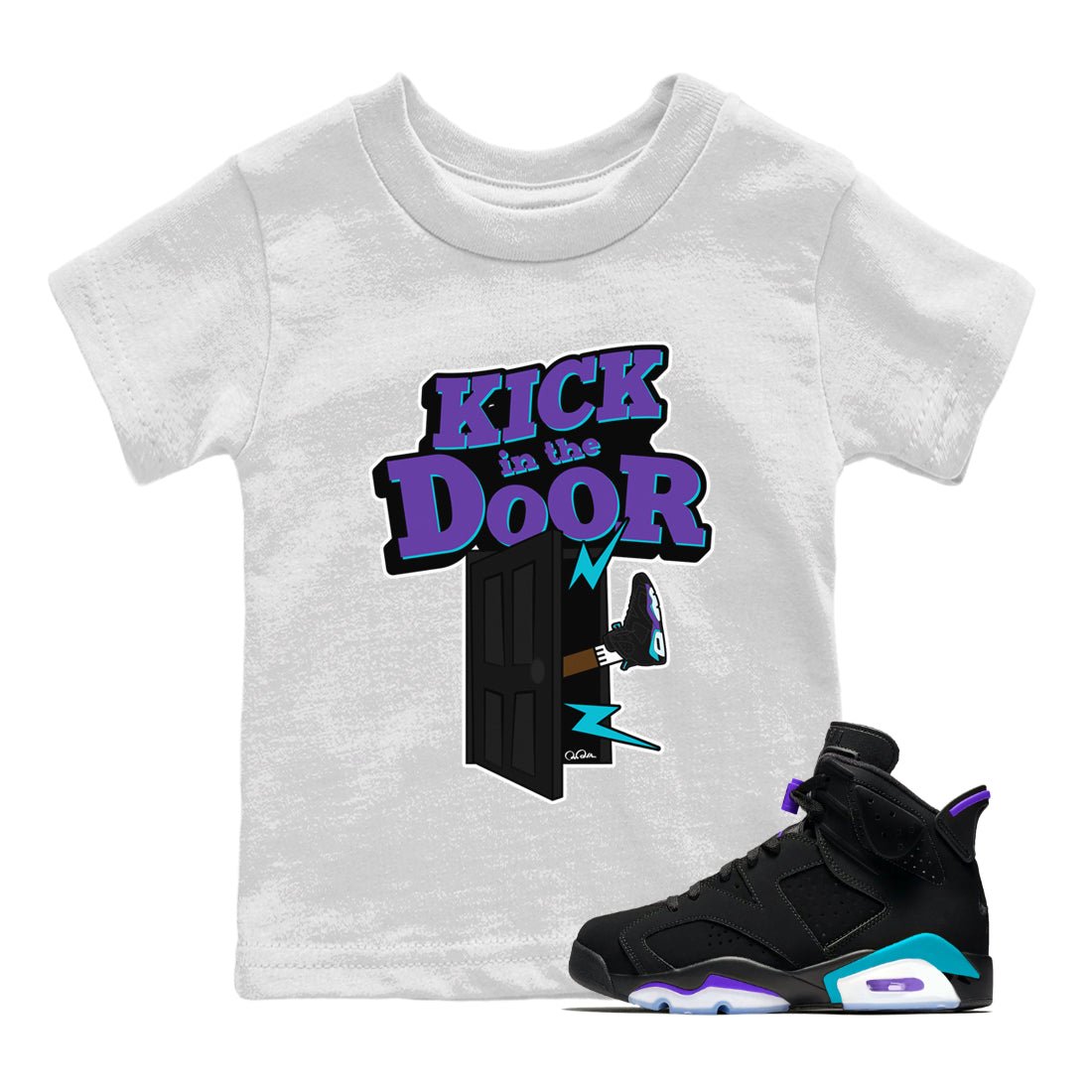 Air Jordan 6 Aqua Sneaker Match Tees Kick In The Door Sneaker Tees AJ6 Aqua Sneaker Release Tees Kids Shirts White 1