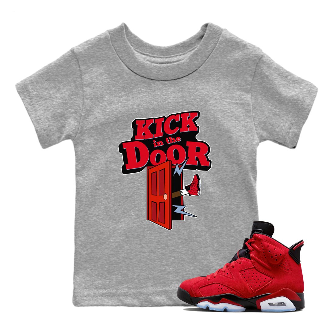 Air Jordan 6 Toro Bravo Sneaker Match Tees Kick In The Door Sneaker Tees AJ6 Toro Bravo Sneaker Release Tees Kids Shirts Heather Grey 1