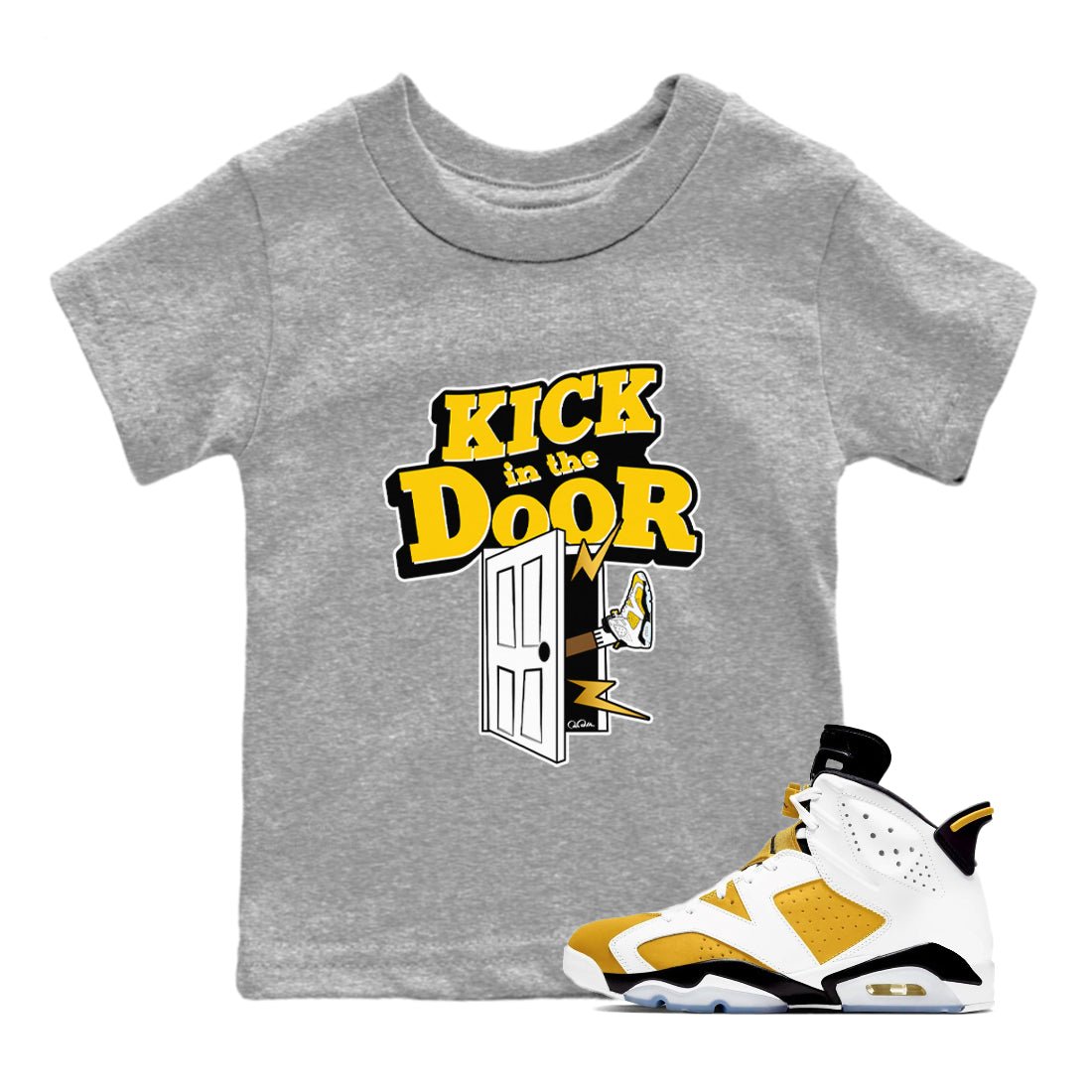 Air Jordan 6 Yellow Ochre shirt to match jordans Kick In The Door sneaker tees AJ6 Yellow Ochre SNRT Sneaker Release Tees Baby Toddler Heather Grey 1 T-Shirt