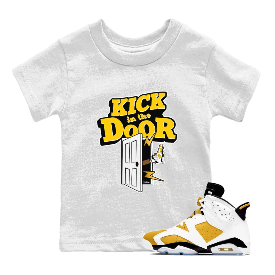 Air Jordan 6 Yellow Ochre shirt to match jordans Kick In The Door sneaker tees AJ6 Yellow Ochre SNRT Sneaker Release Tees Baby Toddler White 1 T-Shirt