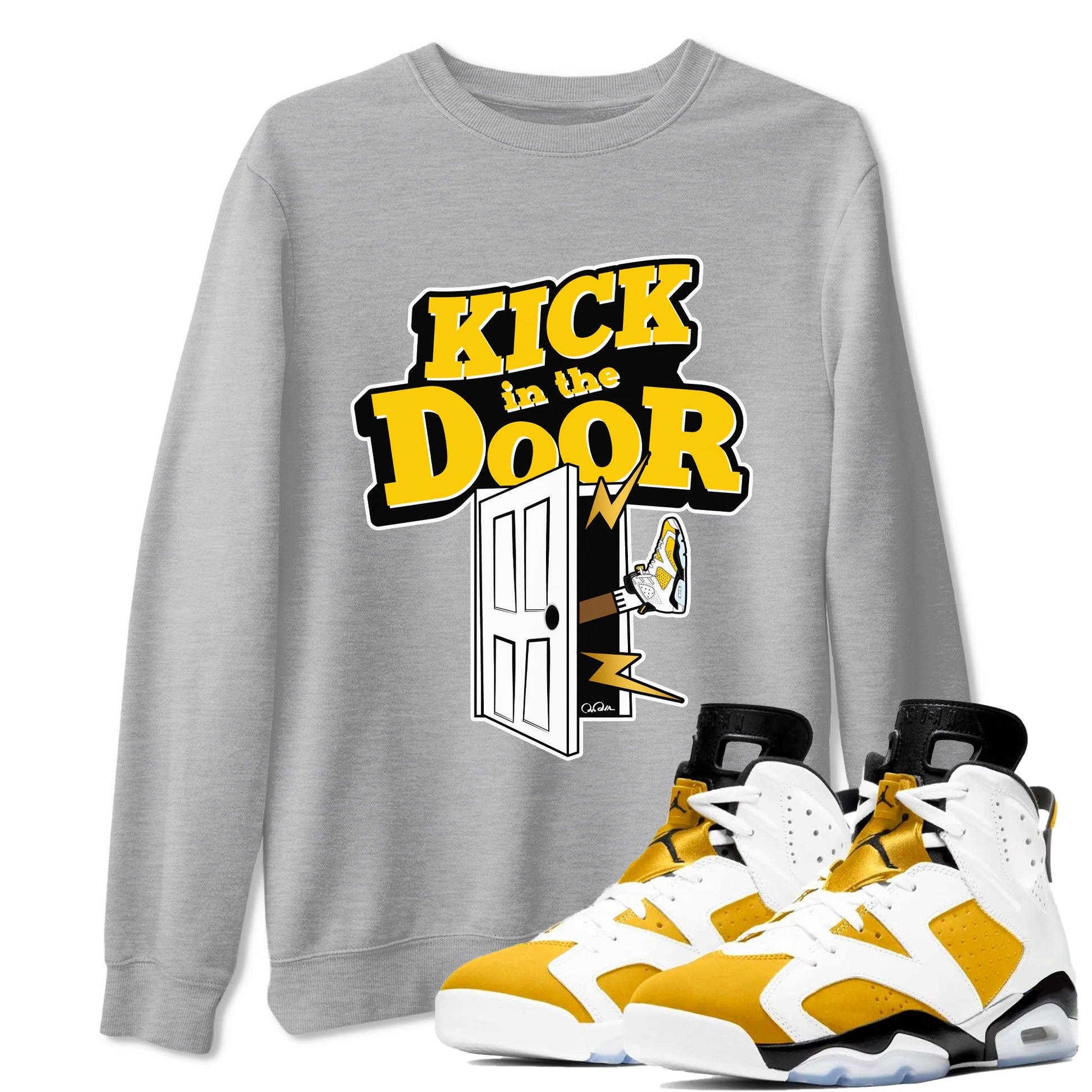 Air Jordan 6 Yellow Ochre shirt to match jordans Kick In The Door sneaker tees AJ6 Yellow Ochre SNRT Sneaker Release Tees Unisex Heather Grey 1 T-Shirt