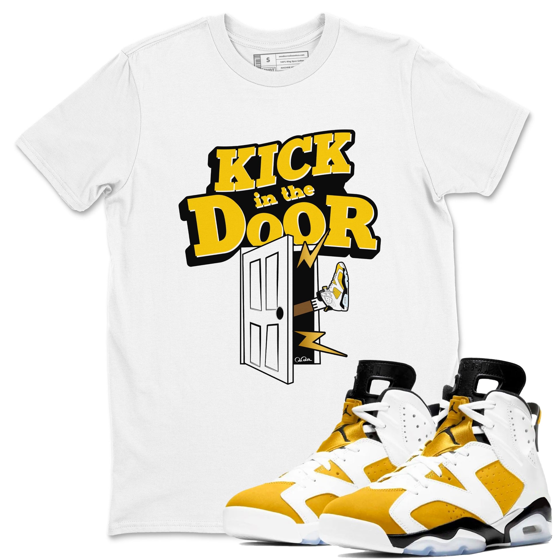 Air Jordan 6 Yellow Ochre shirt to match jordans Kick In The Door sneaker tees AJ6 Yellow Ochre SNRT Sneaker Release Tees Unisex White 1 T-Shirt