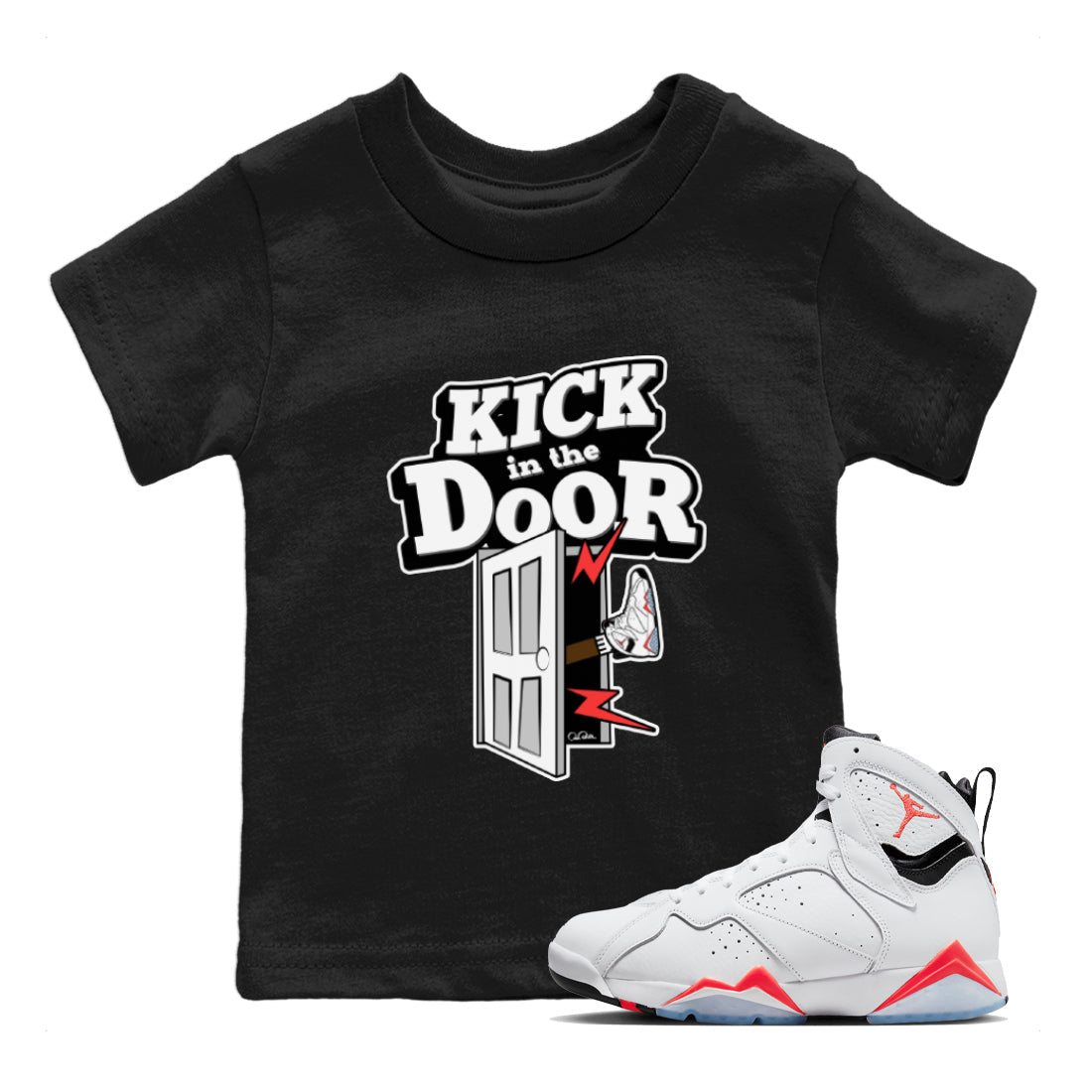 Air Jordan 7 Infrared Sneaker Match Tees Kick In The Door Sneaker Tees AJ7 Infrared Sneaker Release Tees Kids Shirts Black 1