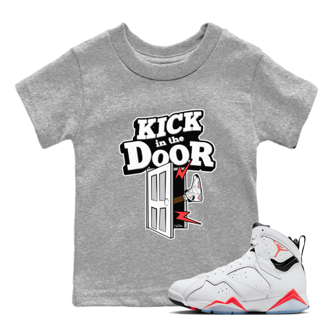 Air Jordan 7 Infrared Sneaker Match Tees Kick In The Door Sneaker Tees AJ7 Infrared Sneaker Release Tees Kids Shirts Heather Grey 1