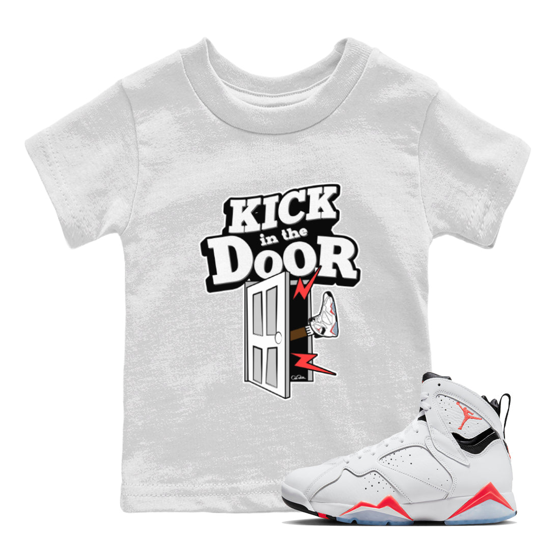 Air Jordan 7 Infrared Sneaker Match Tees Kick In The Door Sneaker Tees AJ7 Infrared Sneaker Release Tees Kids Shirts White 1
