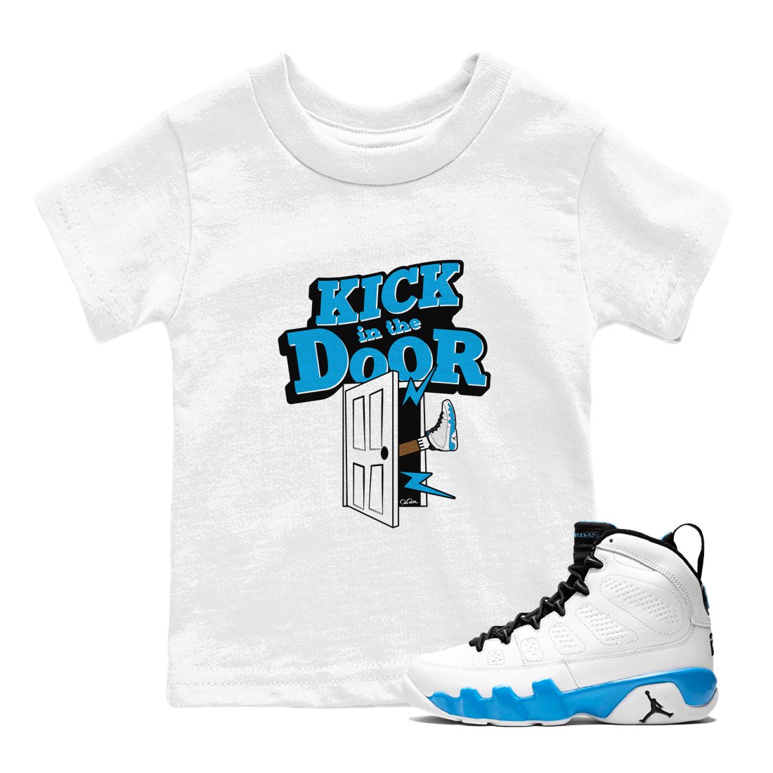 9s Powder Blue shirt to match jordans Kick In The Door sneaker tees Air Jordan 9 Powder Blue SNRT sneaker release tees baby toddler White 1 cotton Shirt