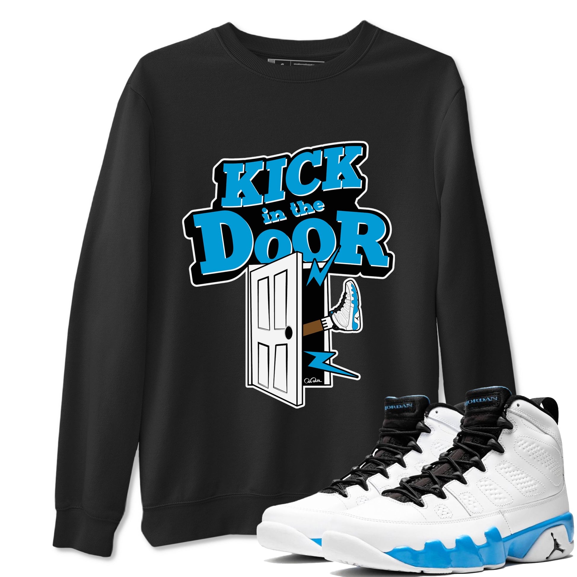 9s Powder Blue shirt to match jordans Kick In The Door sneaker tees Air Jordan 9 Powder Blue SNRT Sneaker Release Tees unisex cotton Black 1 crew neck shirt