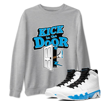9s Powder Blue shirt to match jordans Kick In The Door sneaker tees Air Jordan 9 Powder Blue SNRT Sneaker Release Tees unisex cotton Heather Grey 1 crew neck shirt