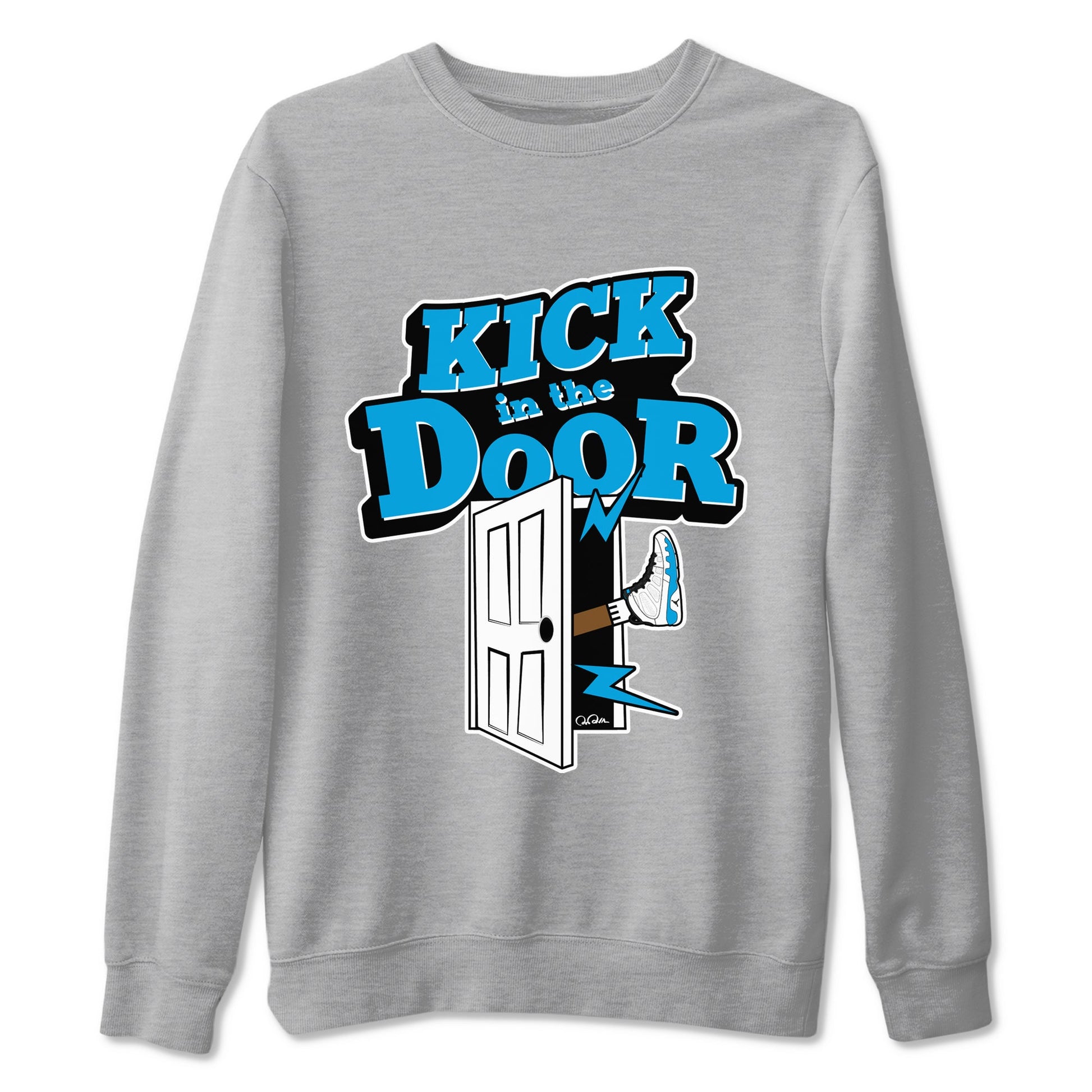 9s Powder Blue shirt to match jordans Kick In The Door sneaker tees Air Jordan 9 Powder Blue SNRT Sneaker Release Tees unisex cotton Heather Grey 2 crew neck shirt