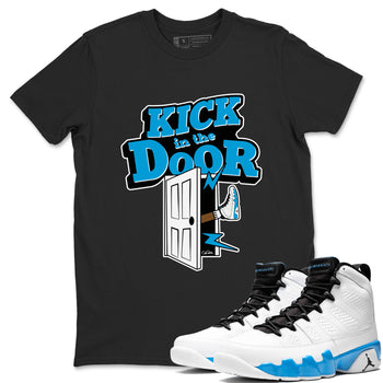 9s Powder Blue shirt to match jordans Kick In The Door sneaker tees Air Jordan 9 Powder Blue SNRT Sneaker Release Tees unisex cotton Black 1 crew neck shirt