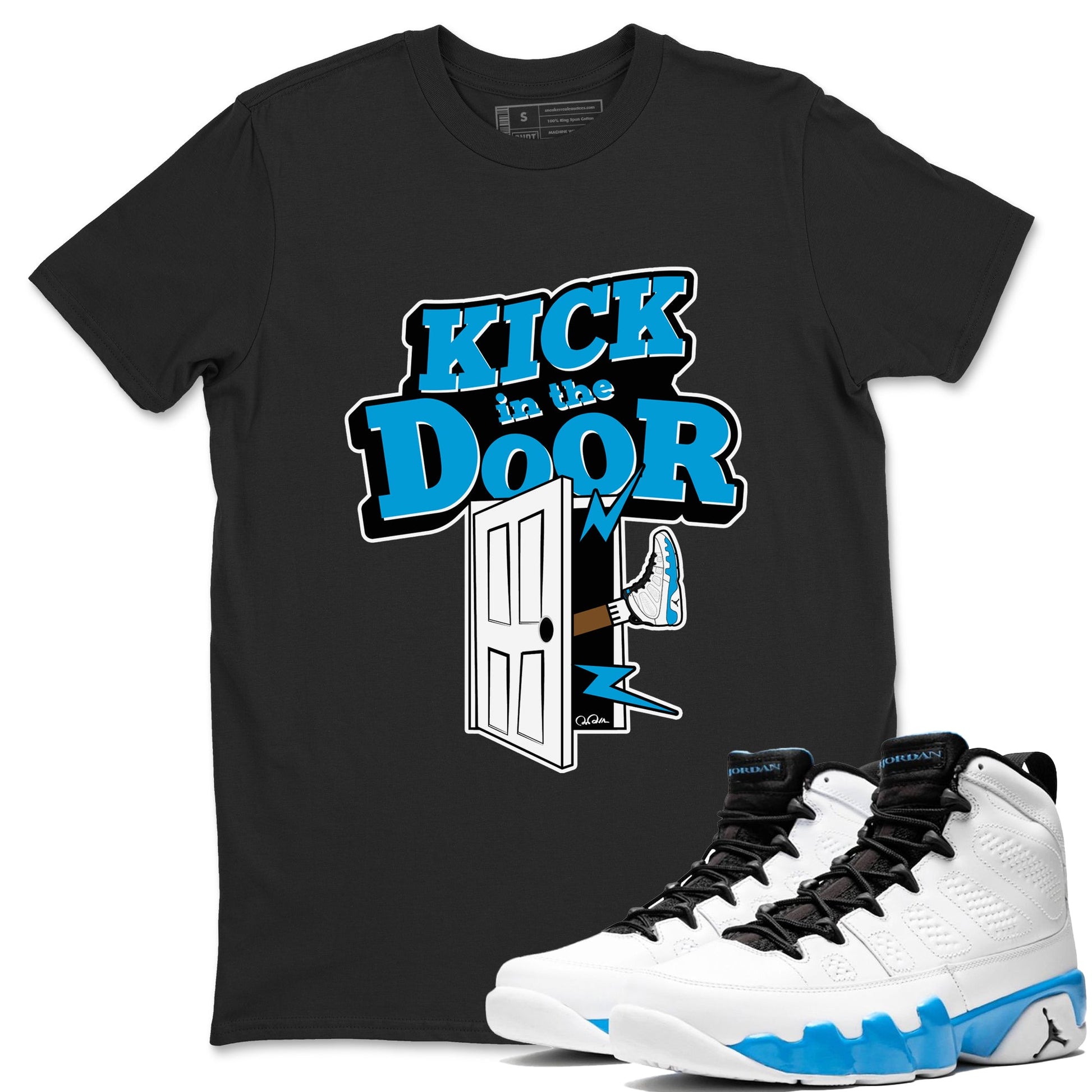 9s Powder Blue shirt to match jordans Kick In The Door sneaker tees Air Jordan 9 Powder Blue SNRT Sneaker Release Tees unisex cotton Black 2 crew neck shirt
