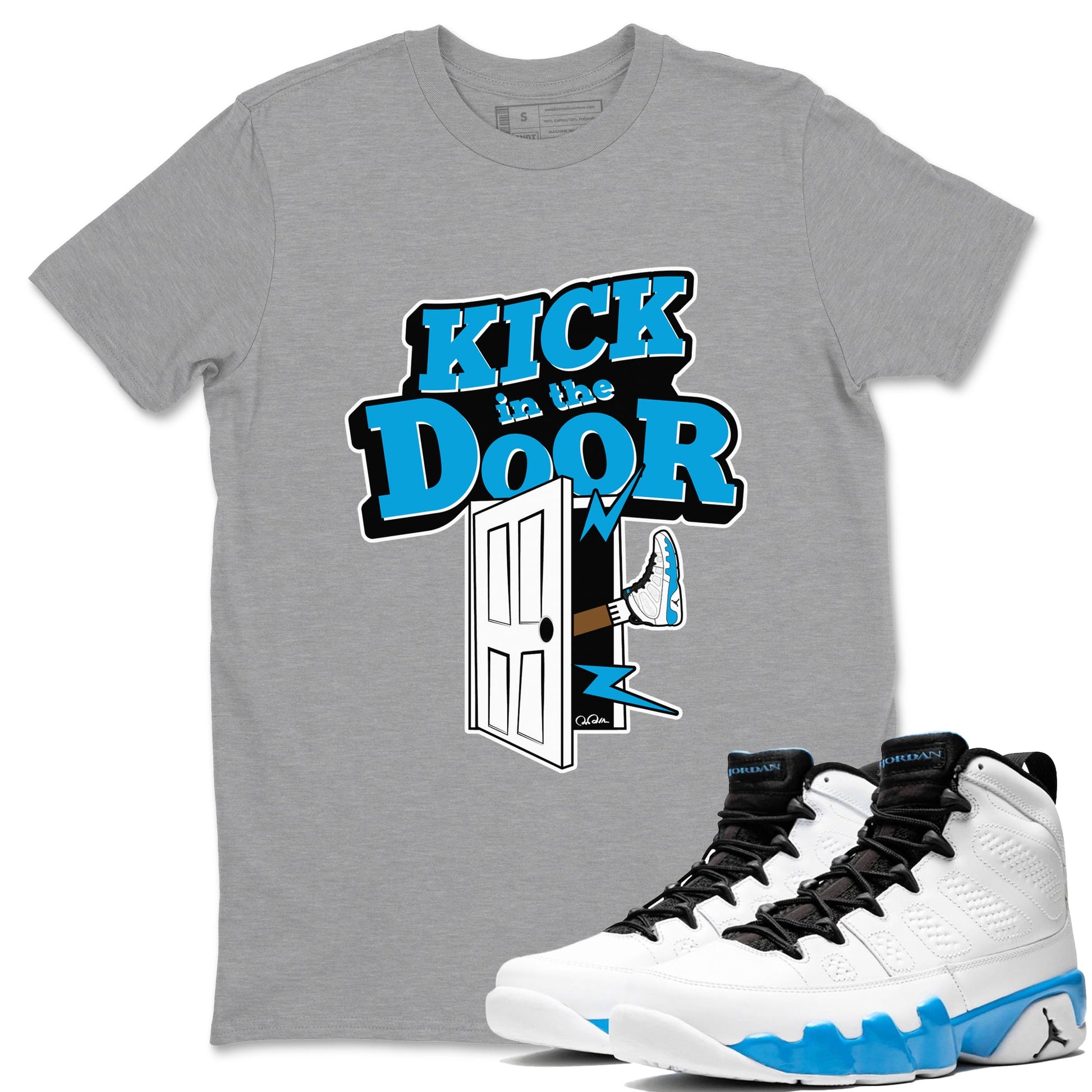 9s Powder Blue shirt to match jordans Kick In The Door sneaker tees Air Jordan 9 Powder Blue SNRT Sneaker Release Tees unisex cotton Heather Grey 1 crew neck shirt