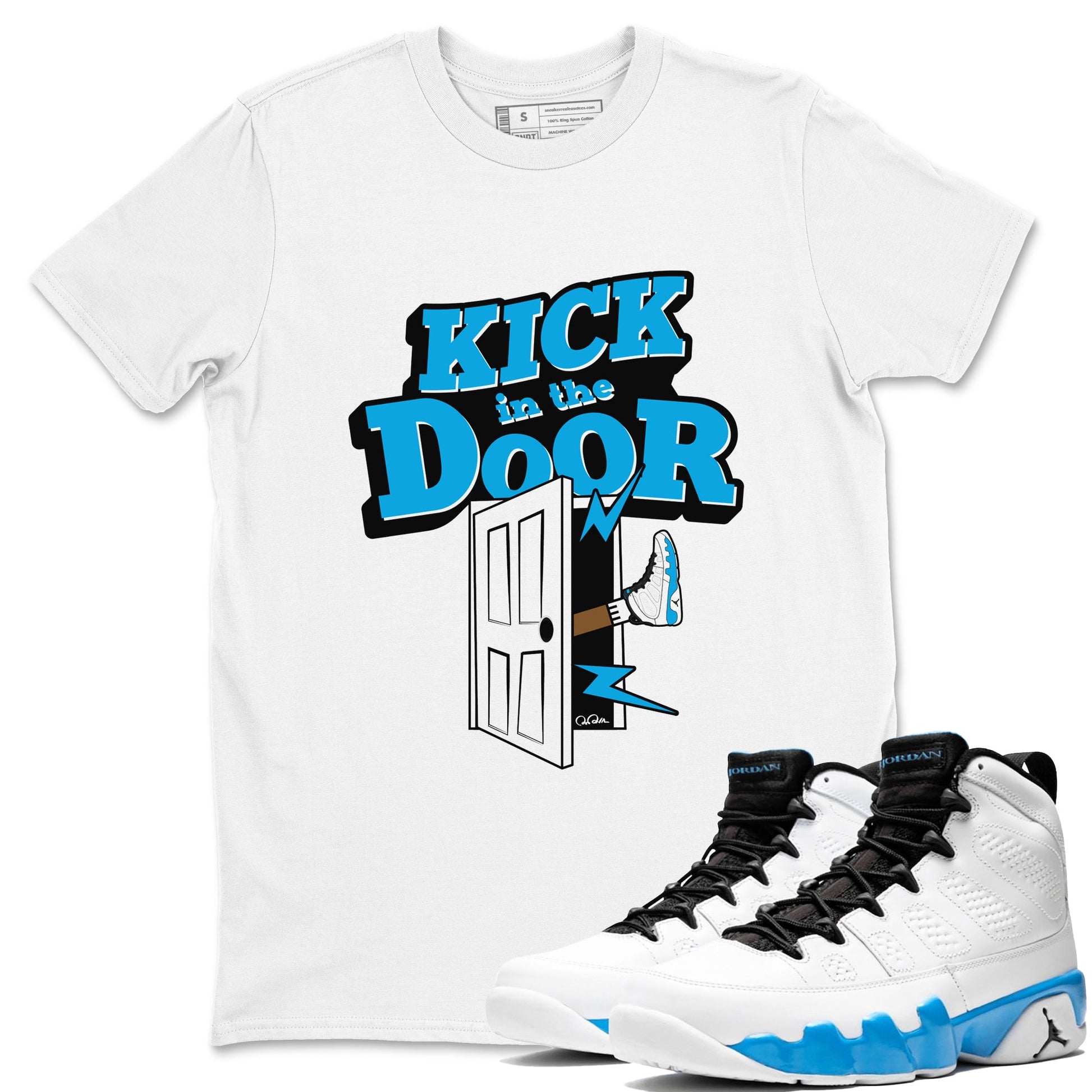 9s Powder Blue shirt to match jordans Kick In The Door sneaker tees Air Jordan 9 Powder Blue SNRT Sneaker Release Tees unisex cotton White 1 crew neck shirt